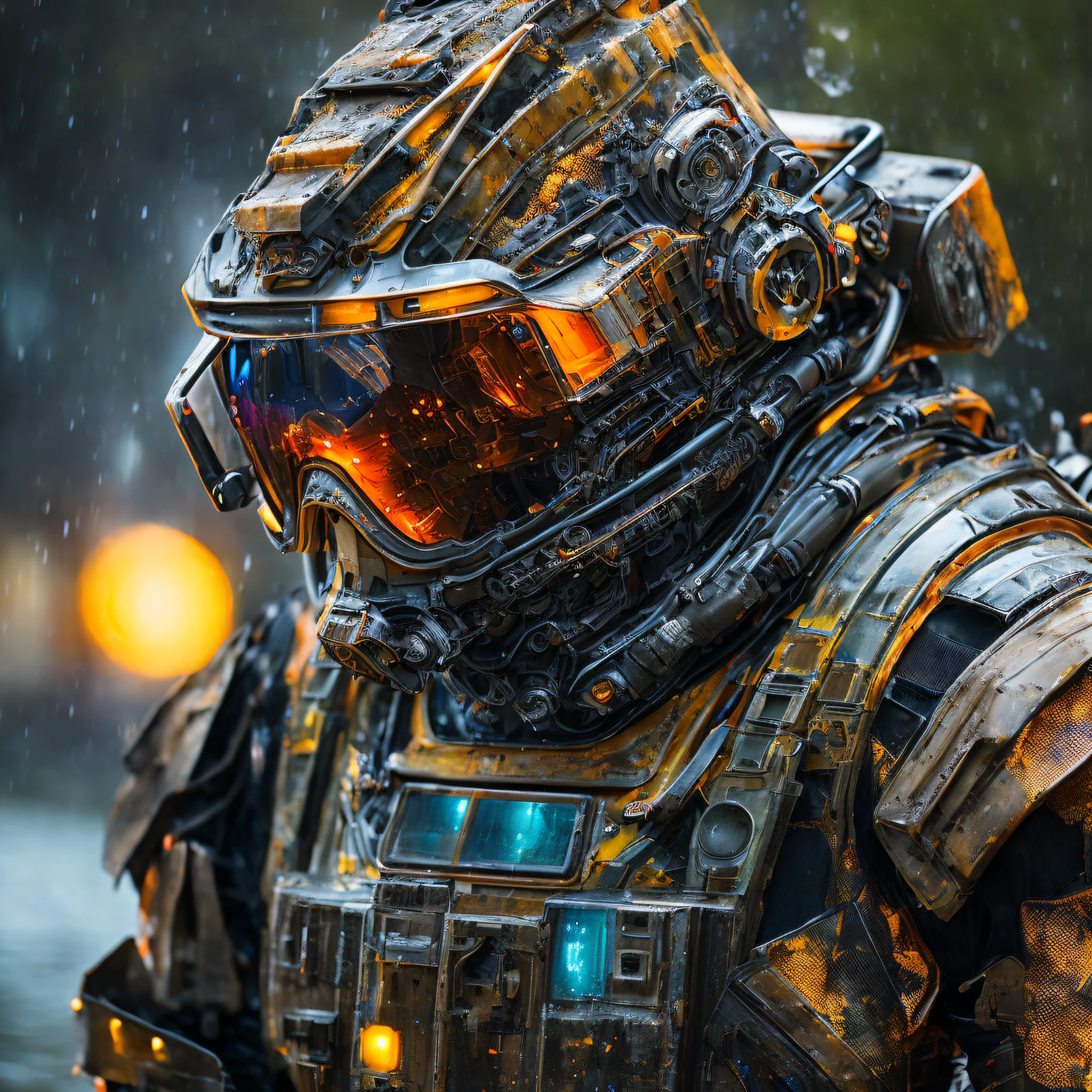 Portrait photo of transparent camo worn mech suit, ((light bokeh)), intricate, ((translucent) liquid water [rust]), elegant, sharp focus, photo by greg rutkowski, soft lighting, vibrant colors, masterpiece, ((streets)), detailed face