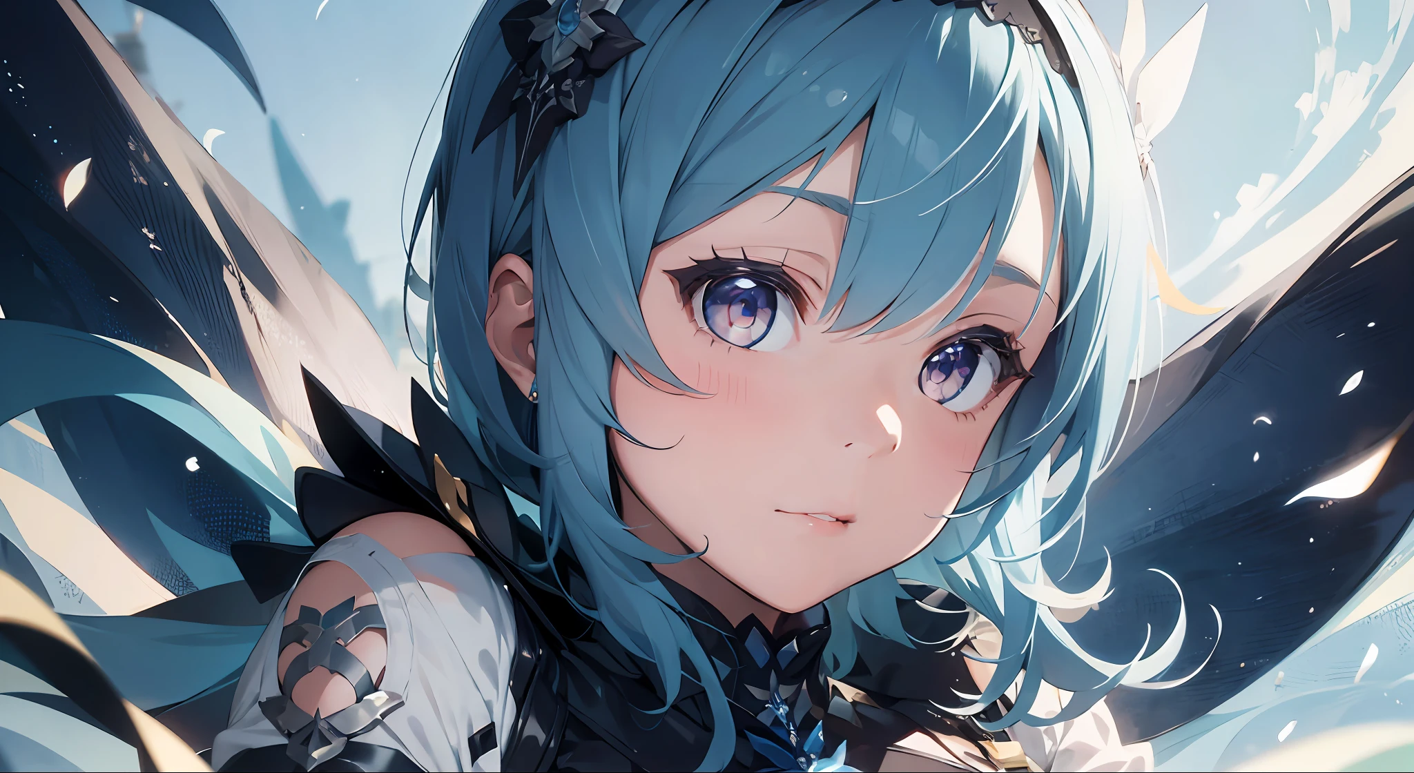 1girl, (solo:1.2), ((masterpiece)), [slim], (small breasts), pale skin, ((detailed eyes)), (background blur), euladef, light blue hair, droopy eyes, closed mouth