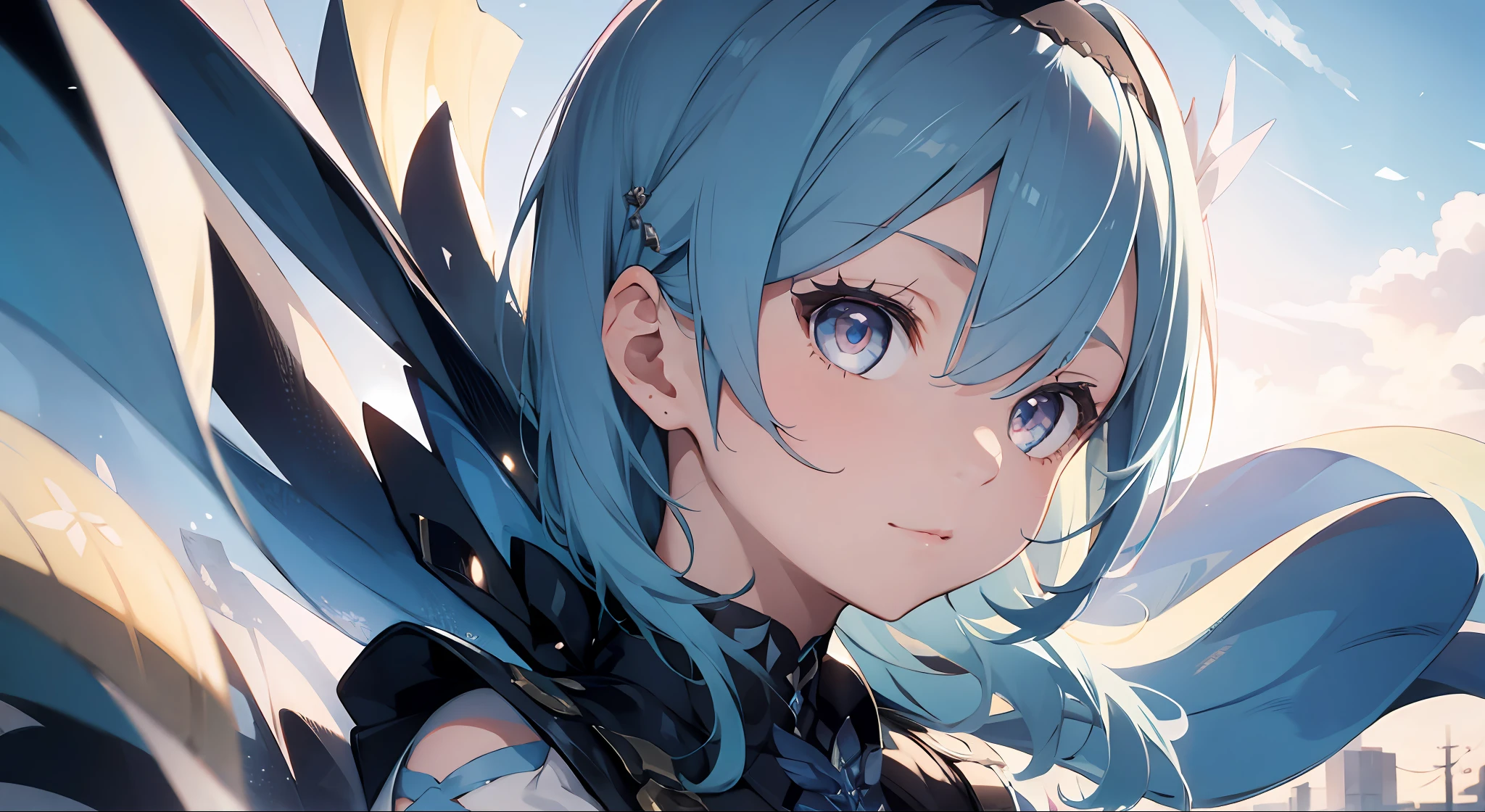 1girl, (solo:1.2), ((masterpiece)), [slim], (small breasts), pale skin, ((detailed eyes)), (background blur), euladef, light blue hair, droopy eyes, closed mouth