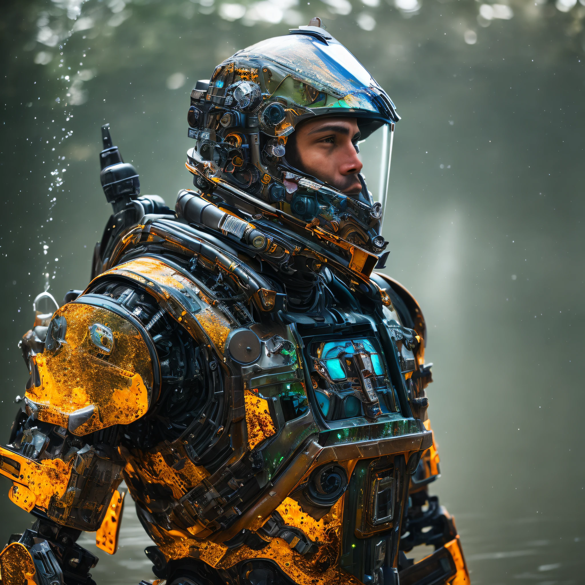 Portrait photo of transparent camo worn mech suit, ((light bokeh)), intricate, ((translucent) liquid water [rust]), elegant, sharp focus, photo by greg rutkowski, soft lighting, vibrant colors, masterpiece, ((streets)), detailed face