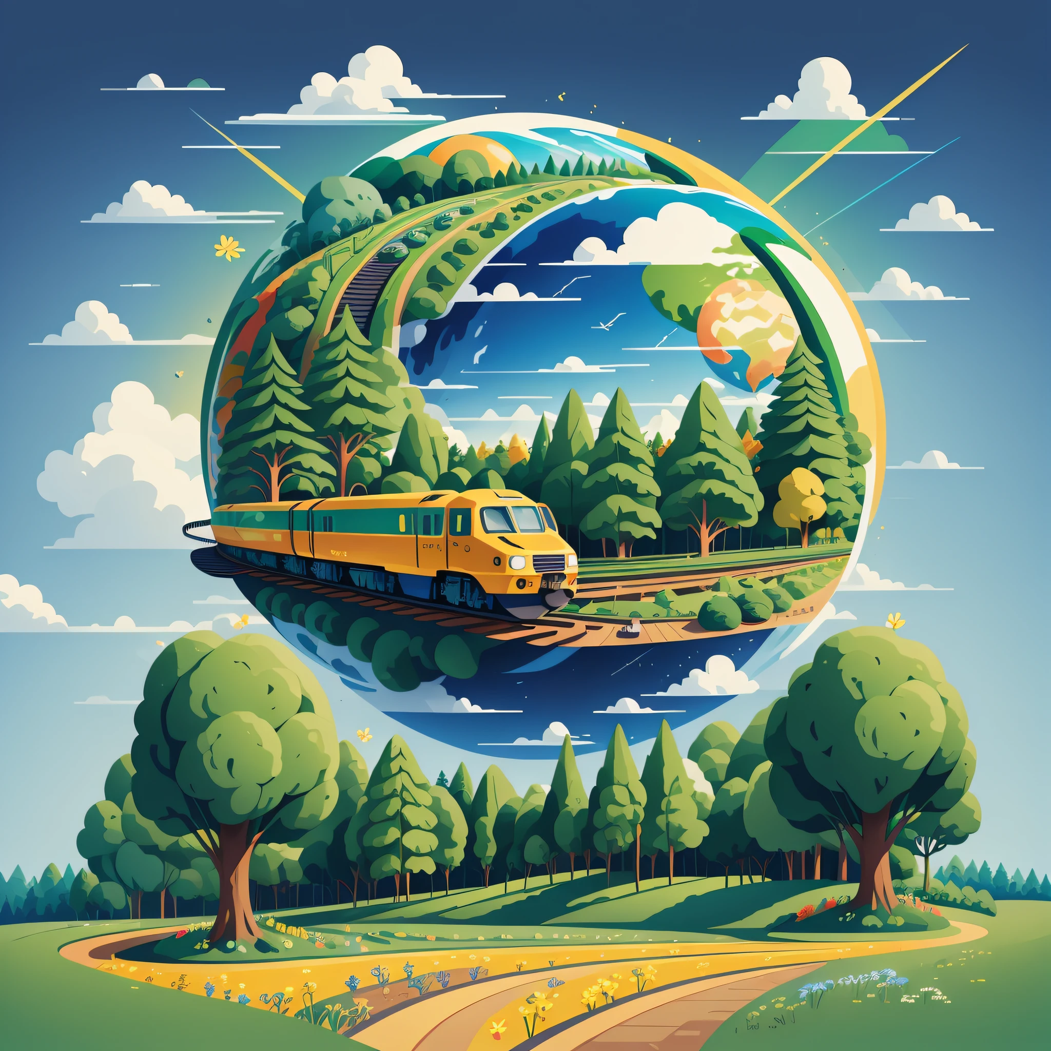 Earth Day poster, flat illustration, super cute high speed rail in green spherical earth, trees, flowers, landscape, blue, green, yellow, simple background, center composition, bright colors, chiaroscuro, super high detail, 4k, flat illustration --auto --s2