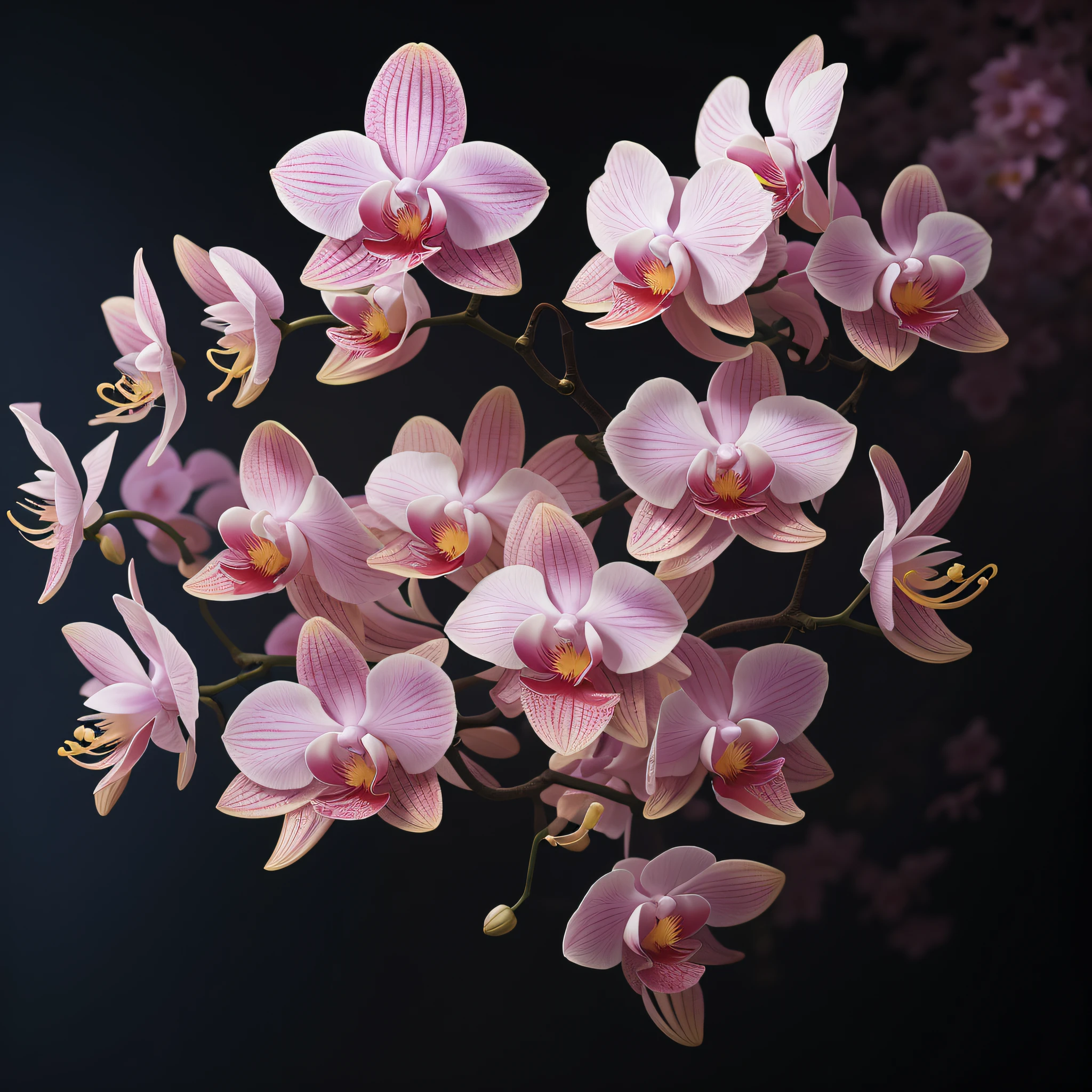 "Orchids, Artstation Ternary Color Unreal Engine 5, a gorgeous complex Gothic art style. Intricate details, dark dreamy, splash screen, complementary contrasts, fantasy art, 8k resolution, Gothic masterpiece. Dark Shot: 0.9, inspired by the artistic style of Greg Rutkowski and Artgerm. Soft cinematic light and shadow, Adobe Lightroom, Photolab, HDR and other software rendering, highly detailed, pink cherry blossoms dotted with. "