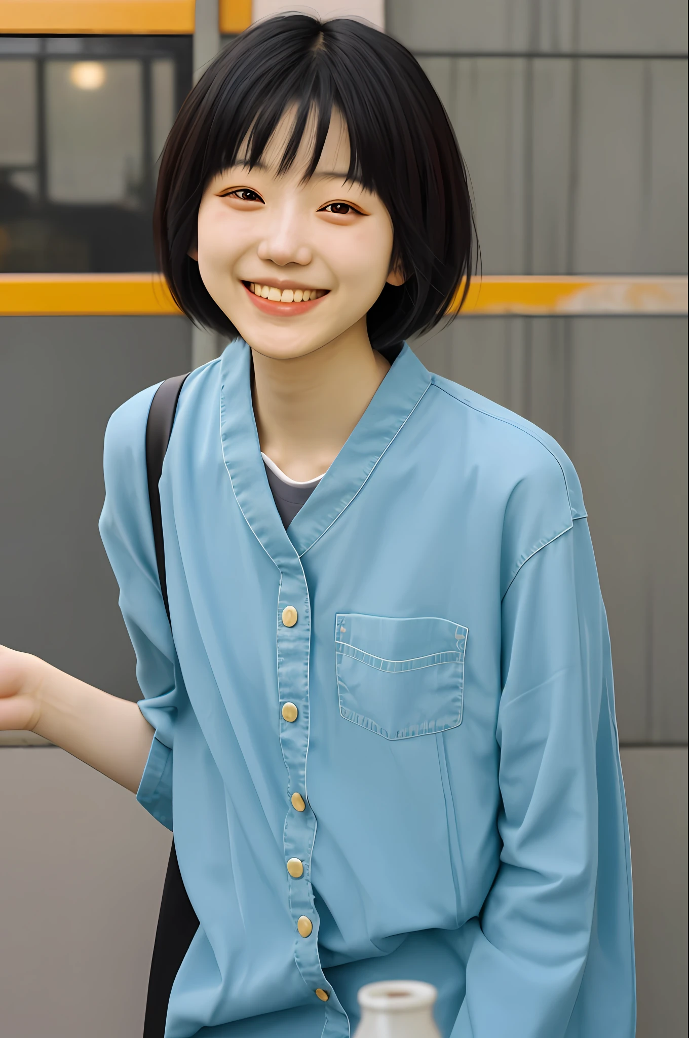 Envision a 19-year-old Japanese girl with a short black hair, subtly highlighted with streaks of orange. Captured candidly by a friend, she is caught in a moment of genuine laughter. Despite her edgy, rebellious style, her makeup and gentle demeanor portray a touch of vulnerability.