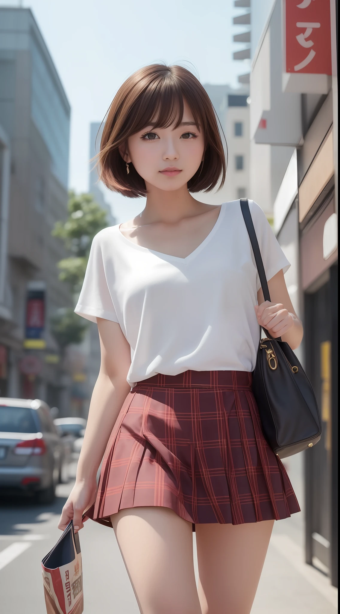 ((Best quality, 8k, Masterpiece: 1.3)), Sharp focus: 1.2, 1 AKB48 girl, beautiful face girl, cute face, age 28, small breasts, flat chest, short messy hair, walking, UNIQLO casual clothes, skirt, cafe, bookstore, sunlight, dramatic angle, kindness, cinematic lighting, from below, (8k, masterpiece, best quality, raw photo)