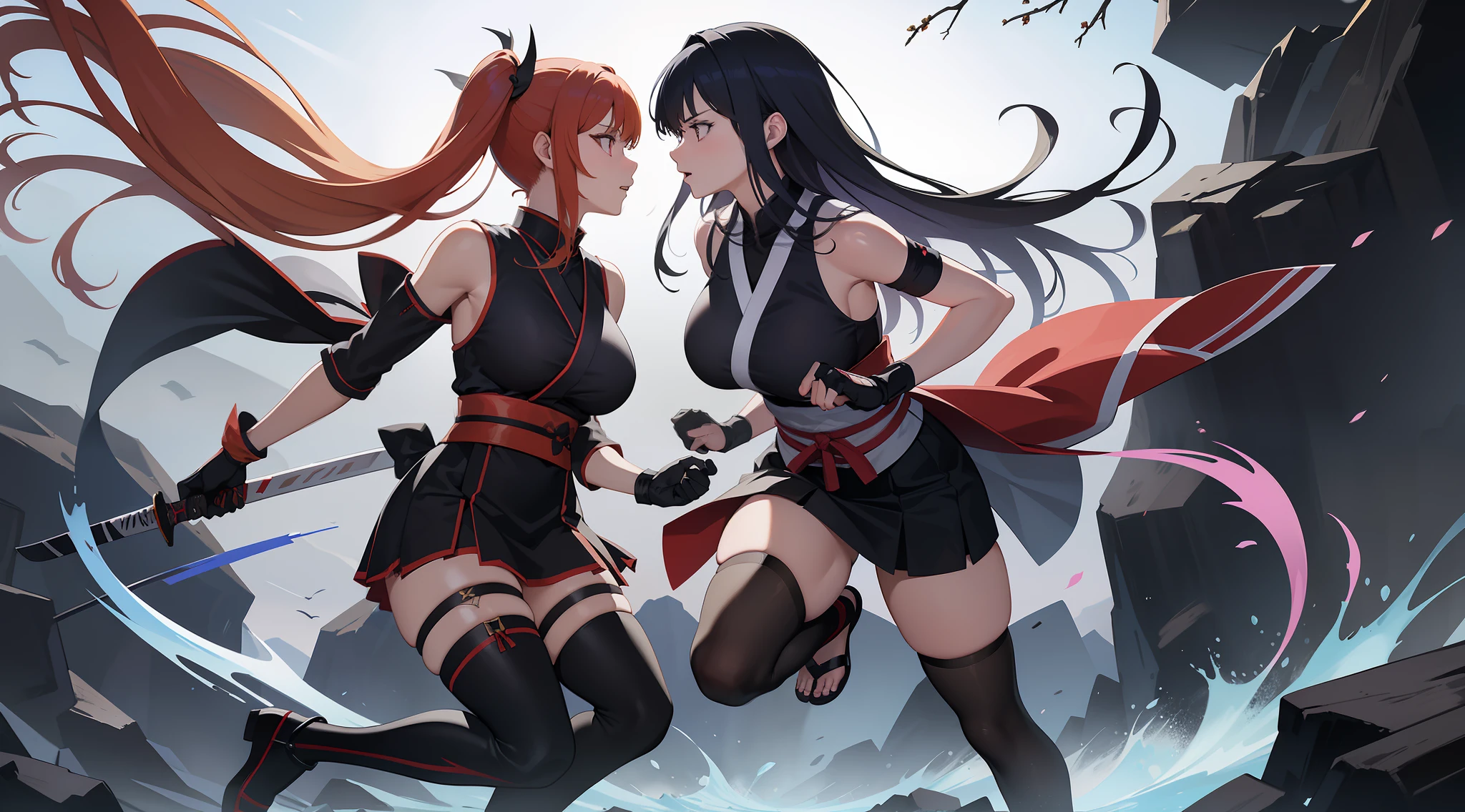 Full body shot of two female character from Dead or Alive game. Kasumi versus Ayame, fighting in a fierce duel death match with weapon short swords, with serious expression. Kasumi looking to Ayane, and Ayane looking to Kasumi. They have long loose hairstyle. They are wearing different color of traditional sleeveless kimono, with a floral print skirt, an obi tied on back hip, a pair of thin long black elbow gloves, a pair of 100% black thigh highs, and black shoes. Background set in a dark forest.