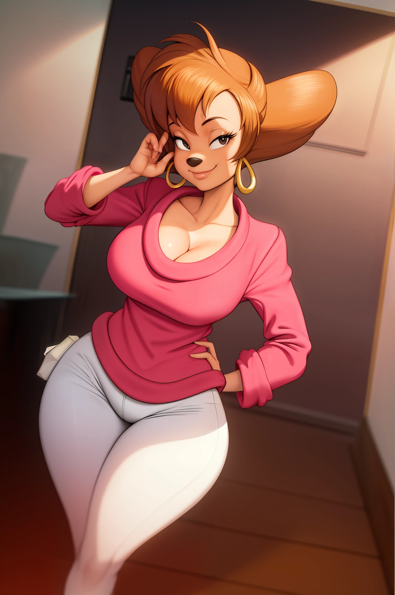 masterpiece, best quality, one girl, solo, detailed face, looking at the viewer, black eyes, seductive smile, left hand on hip, right hand on thigh, gold hoop earrings, neckline, 5 fingers,
Detailed skin texture, (blush:0.5), (goosebumps:0.5), subsurface scattering, detailed skin texture, (blush:0.2), (goosebumps:0.3), subsurface scattering, sexual expression, panties, long stockings, pink shirt