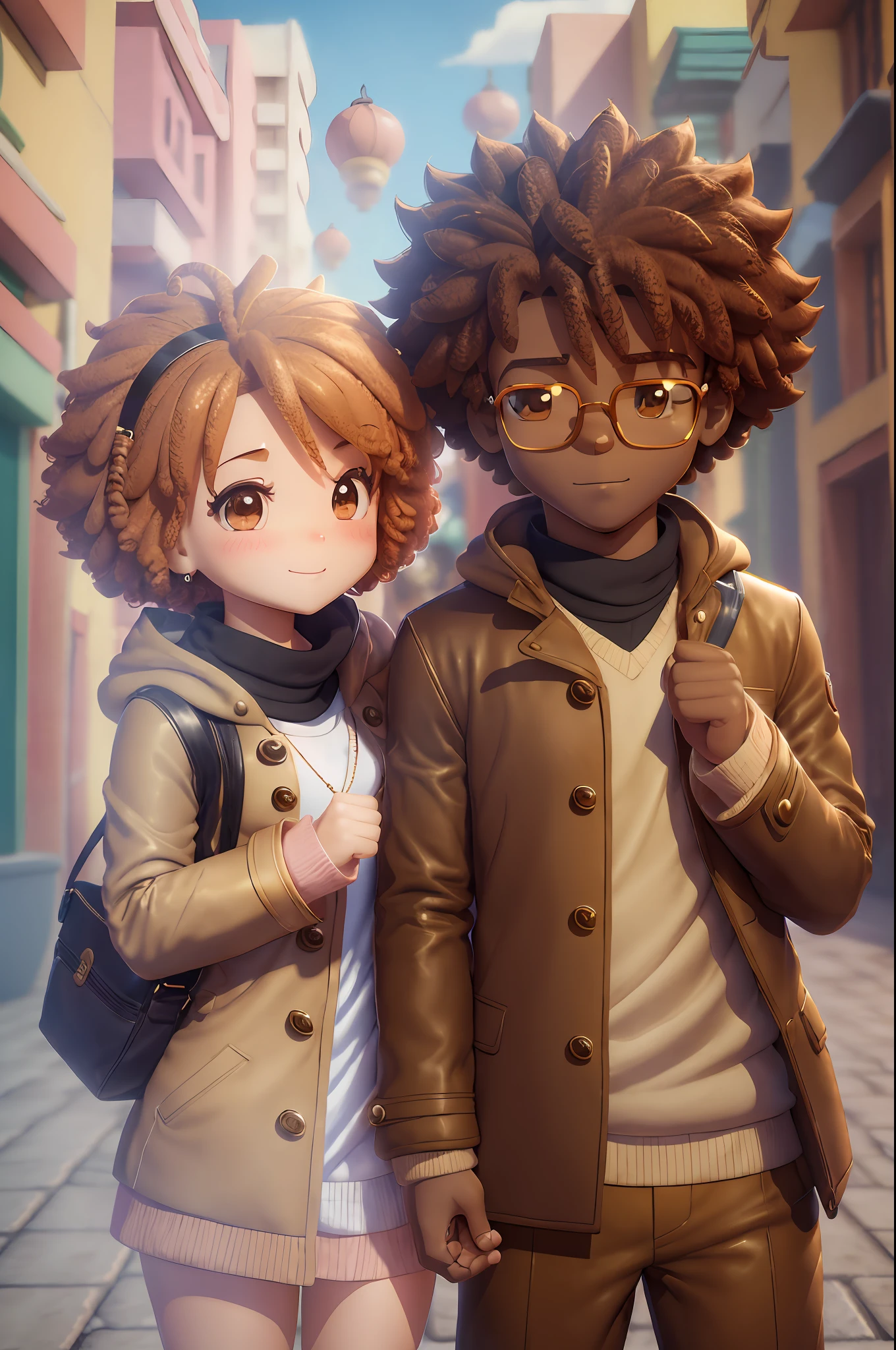 Chibi a pair of funny cartoon characters next to each other in (((3D))), cute smile, detailed affections, highly photographic rendering, chibi, traditional boy-girl afro romance, light brown coat, it's the beginning of all, young handsome, in 3d, ghailan! --auto --s2