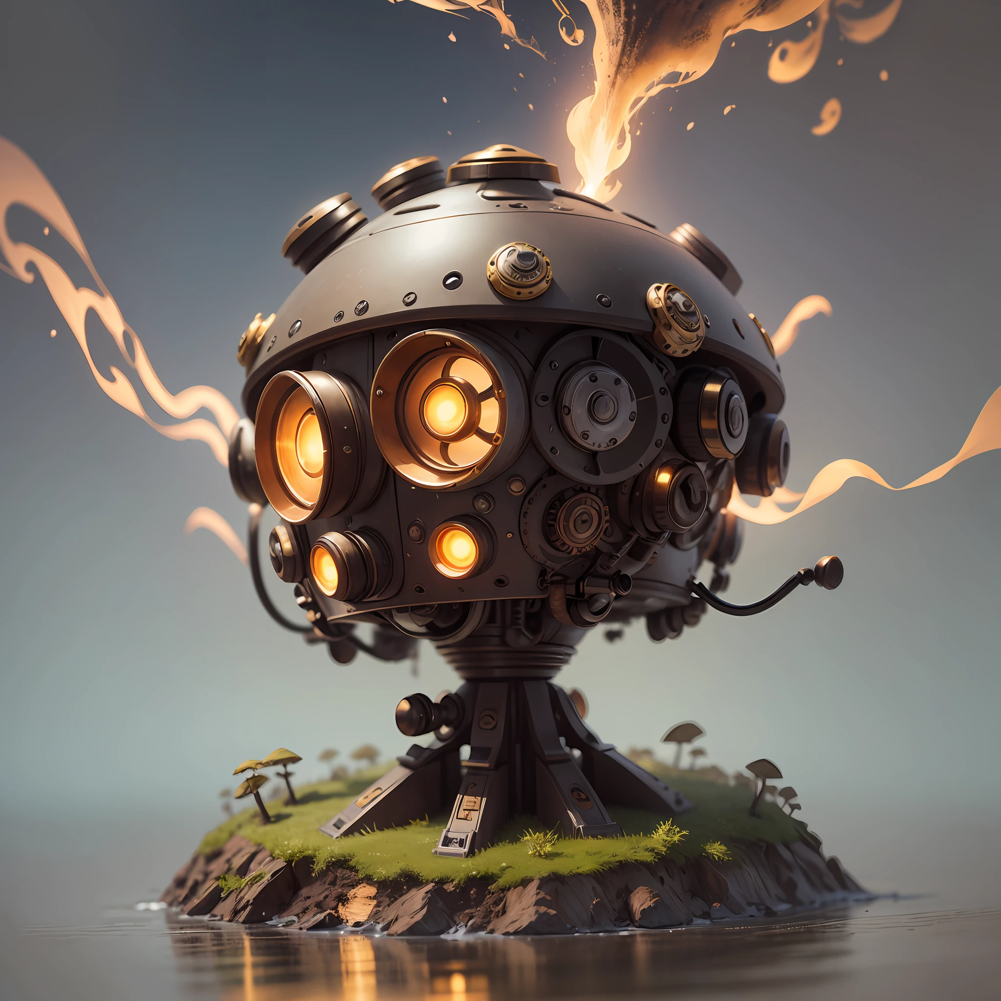 Design a robot based on shiitake mushrooms, low angle shot, steampunk style --auto --s2