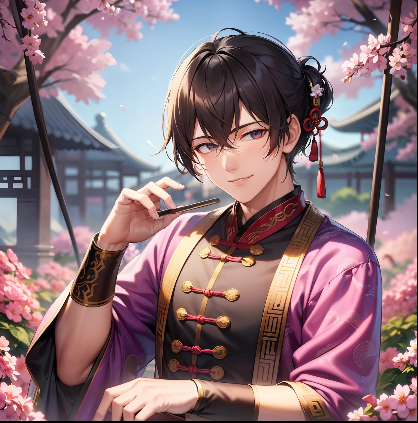 The man is dressed in a cloud satin brocade, with a smile on his lips and handsome facial features. Between the swings of the folding fan, it is difficult to hide the noble wind. National style Chinese style male 8k