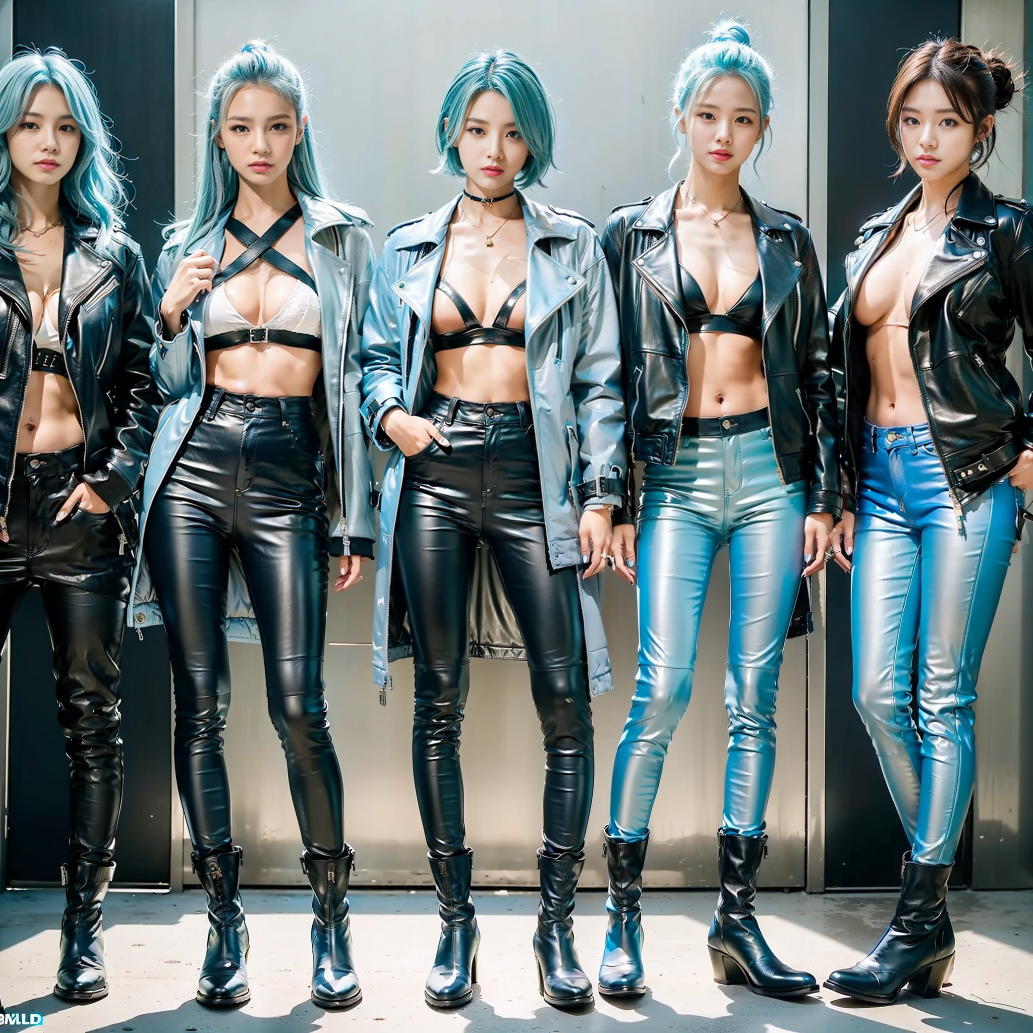 (((Masterpiece)))))), ((highest quality))))), ((8KUHD)))), (Ultra High Definition))))), (Japan Woman), (Beauty))))), 18 years old, (Boyish)))), (10girls))))), (Wild)), (Super tall)))), (Super big breasts) ))))), looking at the camera, ((Full body)))), ((All light blue))))), (Light blue hair)))), (Riders jacket))))), (Leather pants))))), (Leather boots))))), (Natural light)