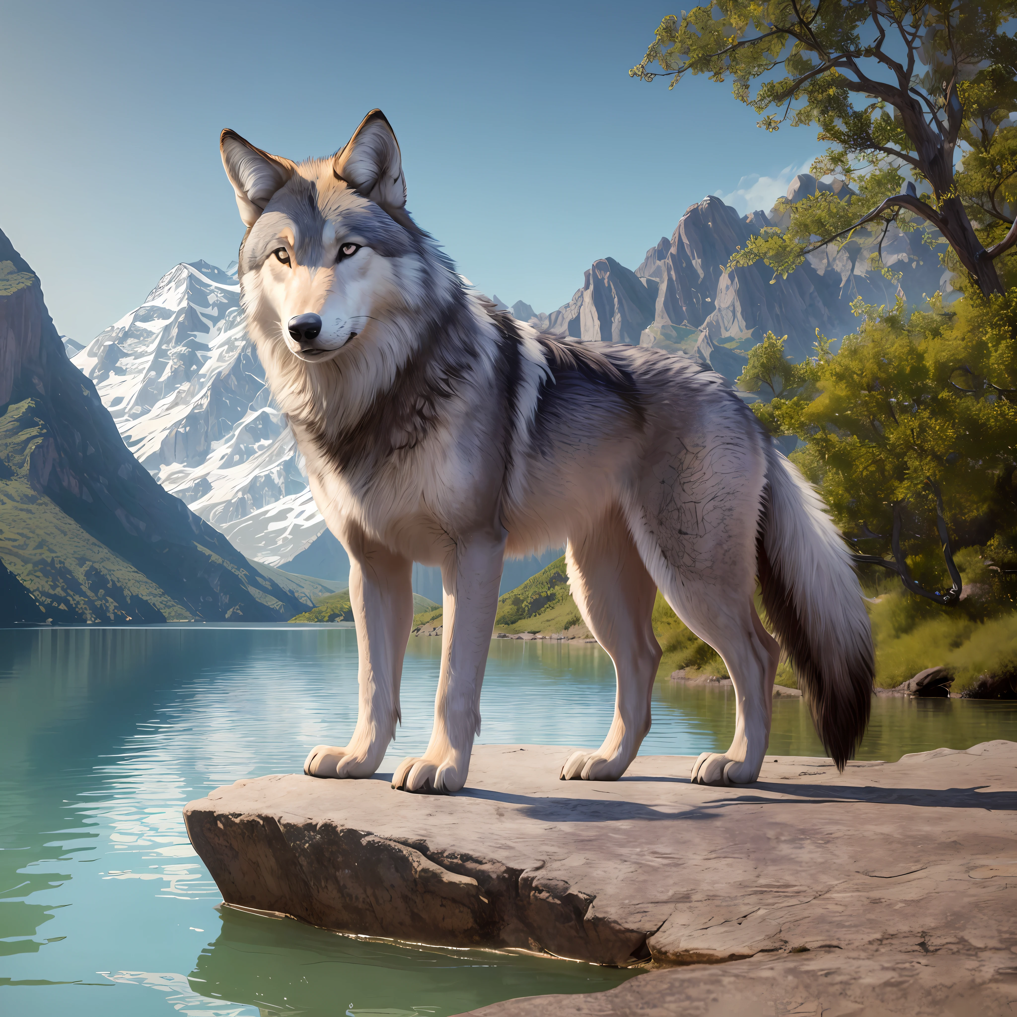 painting of a wolf standing on a rock by a lake, gorgeous long tail, 4 perfect legs, guardian of the sacred lake, highly detailed digital art in 4k, by Jason Benjamin, highly detailed digital painting, highly detailed illustration, big wolf, high quality detailed art 8k, marc adamus, highly detailed illustration, highly detailed digital art --auto --s2