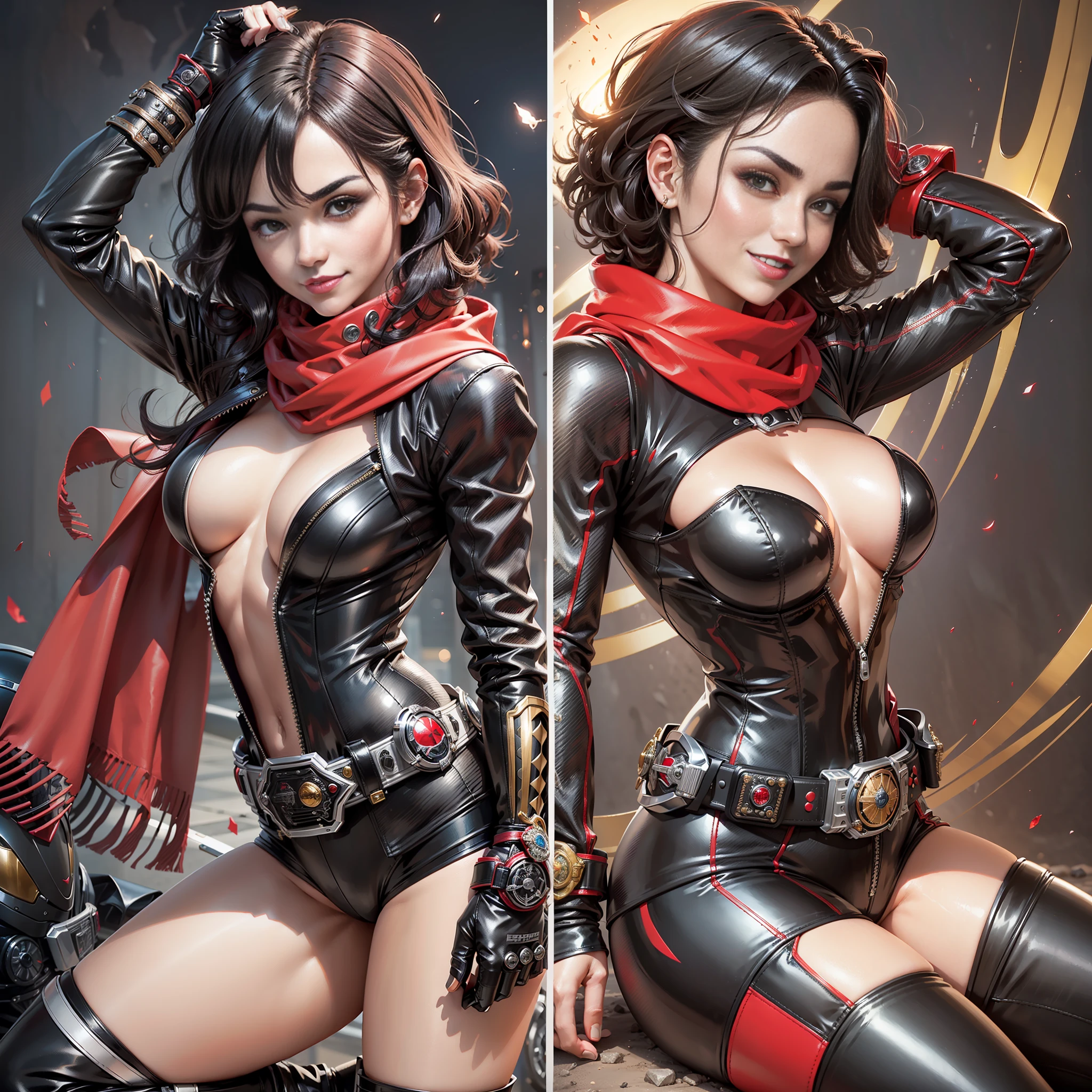 (highest quality)), (masterpiece)), (details: 1.4), 3D, 1girl, full-body image, five-fingered, two-armed, two-legged, ((image of beautiful black-haired woman in a short rider's jacket and tight black leather racing suit)), ((( Kamen Rider's Transformation Belt))), (((Add Kamen Rider's stainless steel mechanical belt at the waist))), ((Red Long Scarf)), ((Black Leather Gloves)), Smile