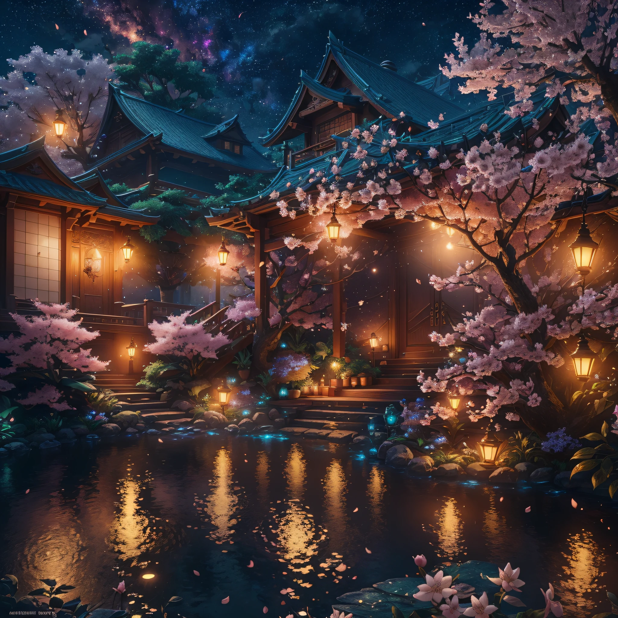 (Night), (very detailed CG unified wallpaper 8k) (best quality), (best illustration), (best shade) Bright colors, jungle, water, natural beauty, oasis of tranquility, cherry blossoms, super detailed, antique porcelain, jade, starry sky, , ray tracing, masterpiece, best quality, ultra quality, absurd details, best light, best shadow, sharp, sharp image, detailed, extremely detailed, great resolution, 8k, 4k, uhd, volumetric, bright sprite, (particle effects), (night) --auto --v6 --s2