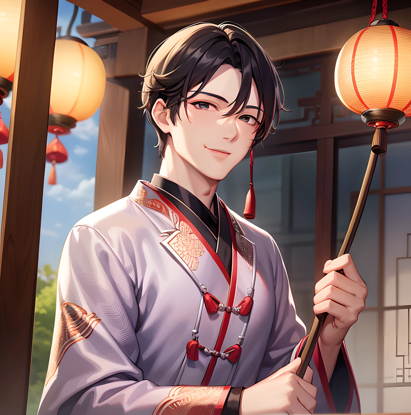 The man is dressed in a cloud satin brocade, with a smile on his lips and handsome facial features. Between the swings of the folding fan, it is difficult to hide the noble wind. National style Chinese style male 8k