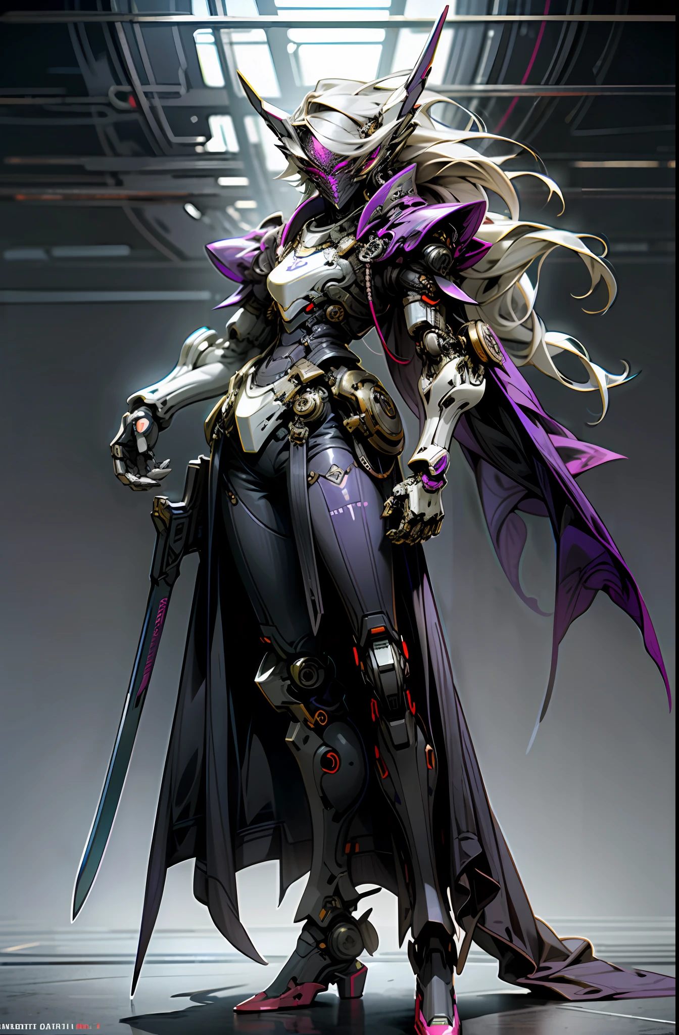 Dark_Fantasy, cyberpunk, (knife, dark purple: 1.1), 1 person, mechanical marvel, robot existence, cybernetics guardian, full body, armored dress, gray hair, long hair,