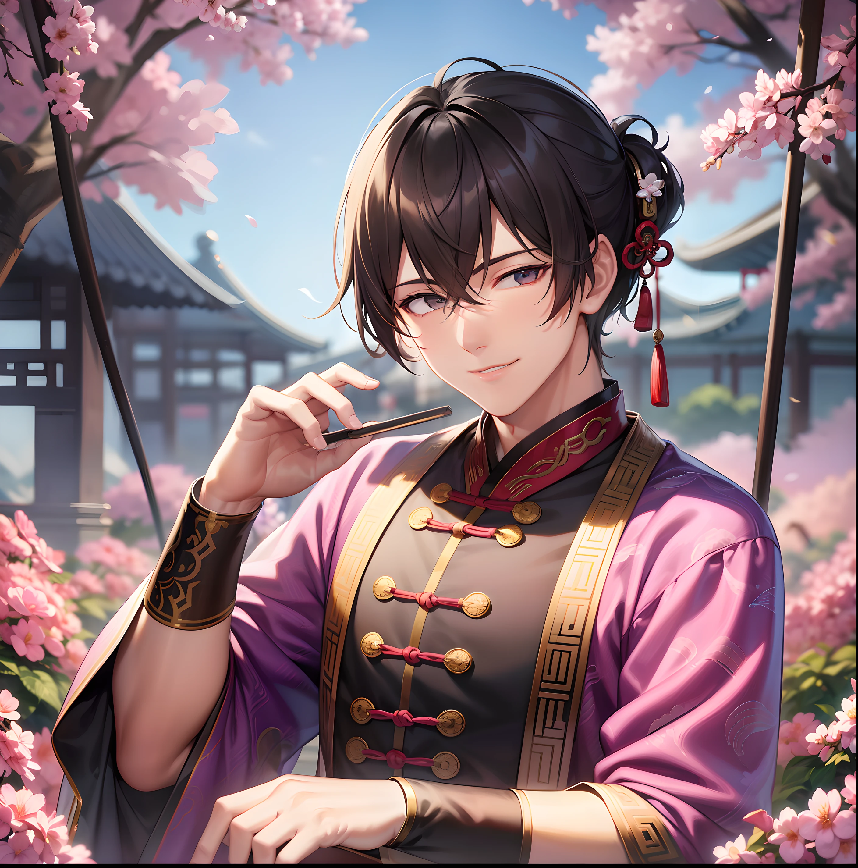 The man is dressed in a cloud satin brocade, with a smile on his lips and handsome facial features. Between the swings of the folding fan, it is difficult to hide the noble wind. National style Chinese style male 8k