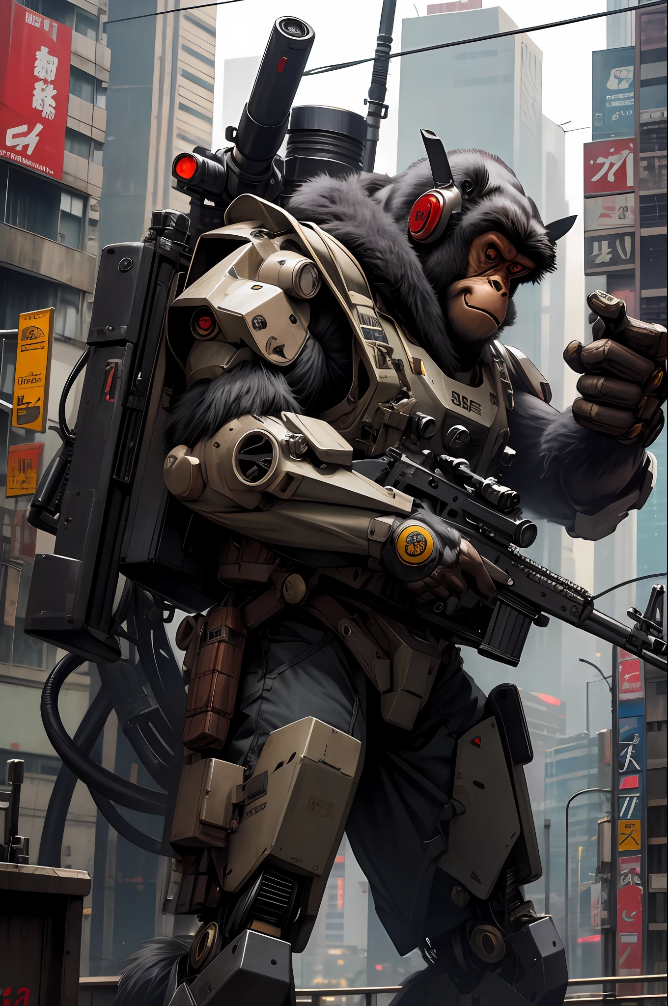 masterpiece, best quality, realistic , mecha monkey, mecha gorilla, mecha helmet,blur, book, cable, cyberpunk metropolis, gloves, infrared sleeve with automatic rifle in hand, hood, solo,