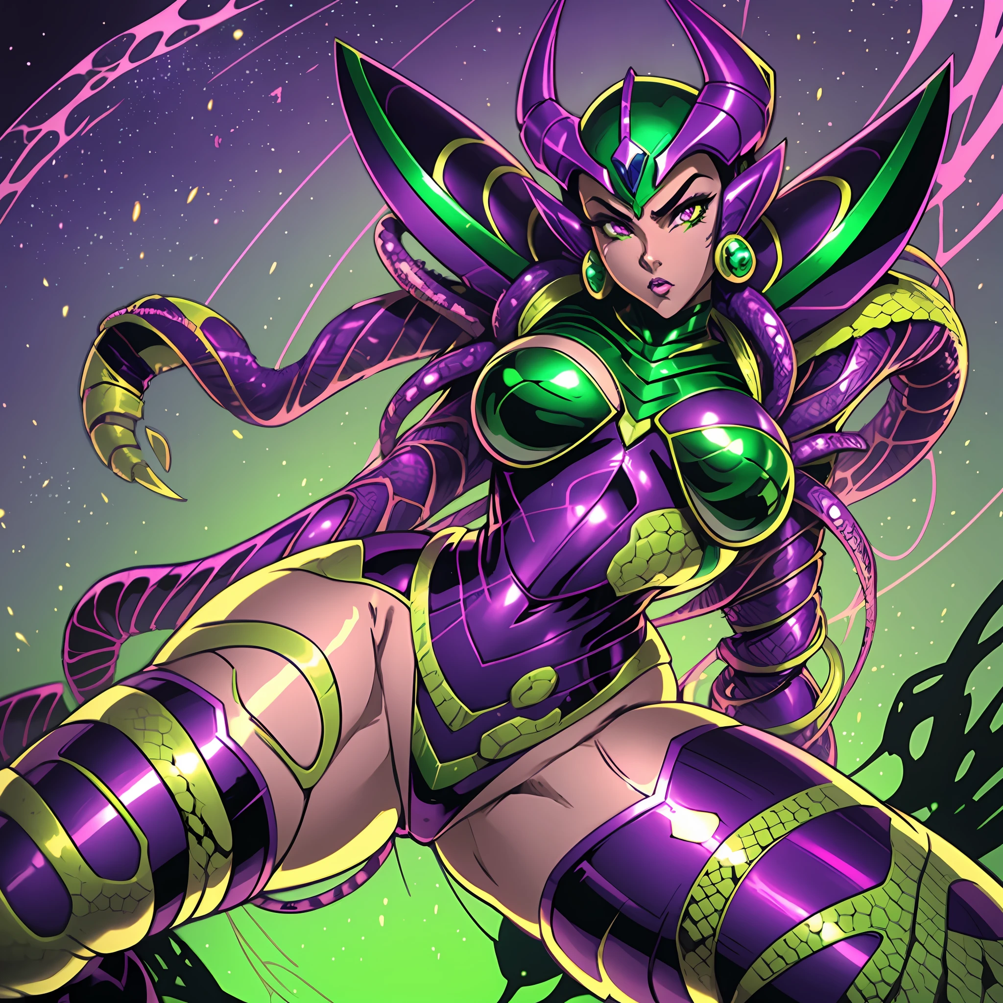 Cartoon photo of a woman in a green and purple costume, hot insect humanoid woman, Guyver style, NSFW version, red eye, scarab reploid, tentacles imitating a snake's tail, cel shade adult animation, alien queen, serpentine pose, --auto --s2