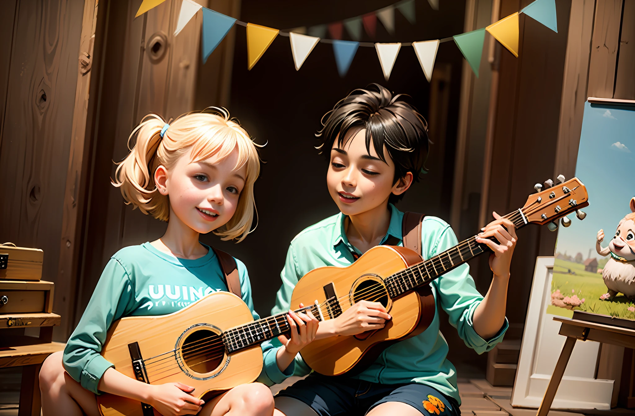 painting of two cheerful, lively, happy, celebrating, playing guitar in a forest, 3d drawing of friends, by Craig Davison, by Elaine Hamilton, playing little viola, by Orshi Drozdik, in the style of Shrek movie, animated movie still, 3D animated movie still, adorable disney pixar digital painting, by Eugeniusz Zak, cute art, by Nándor Katona, Masterpiece, high quality.