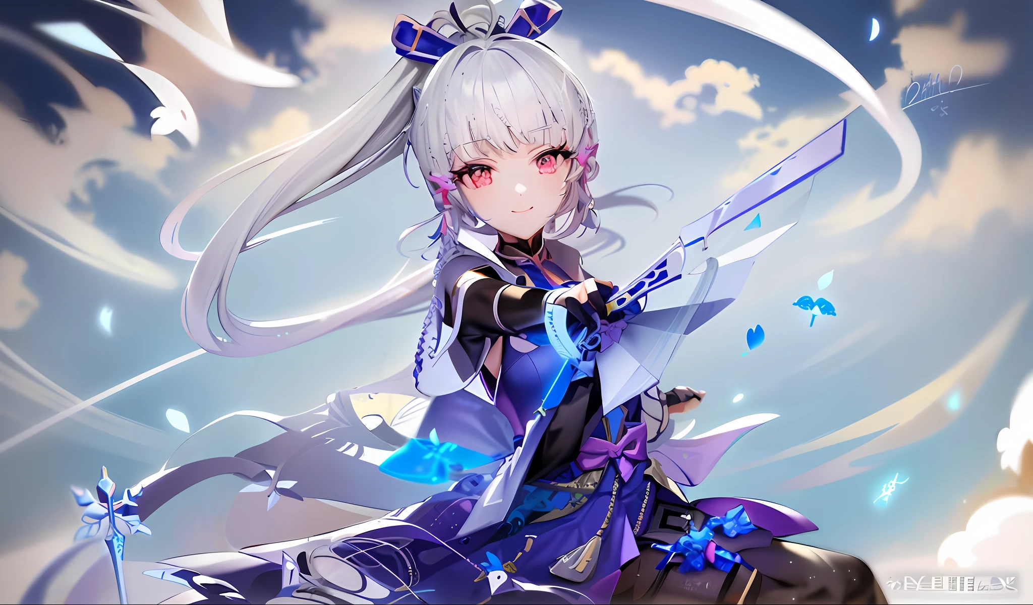 (Anime Girl: 1.2, White Long Hair + Dress + Sword: 1.1 + Blue Bow and Arrow: 1.1), (Game Genshin Impact: 1.5, Ayaka + Keqing: 1.3), (Azure Lane Style + Characters: 1.4, Onmyoji Crow: 1.2), (Details: 1.1)