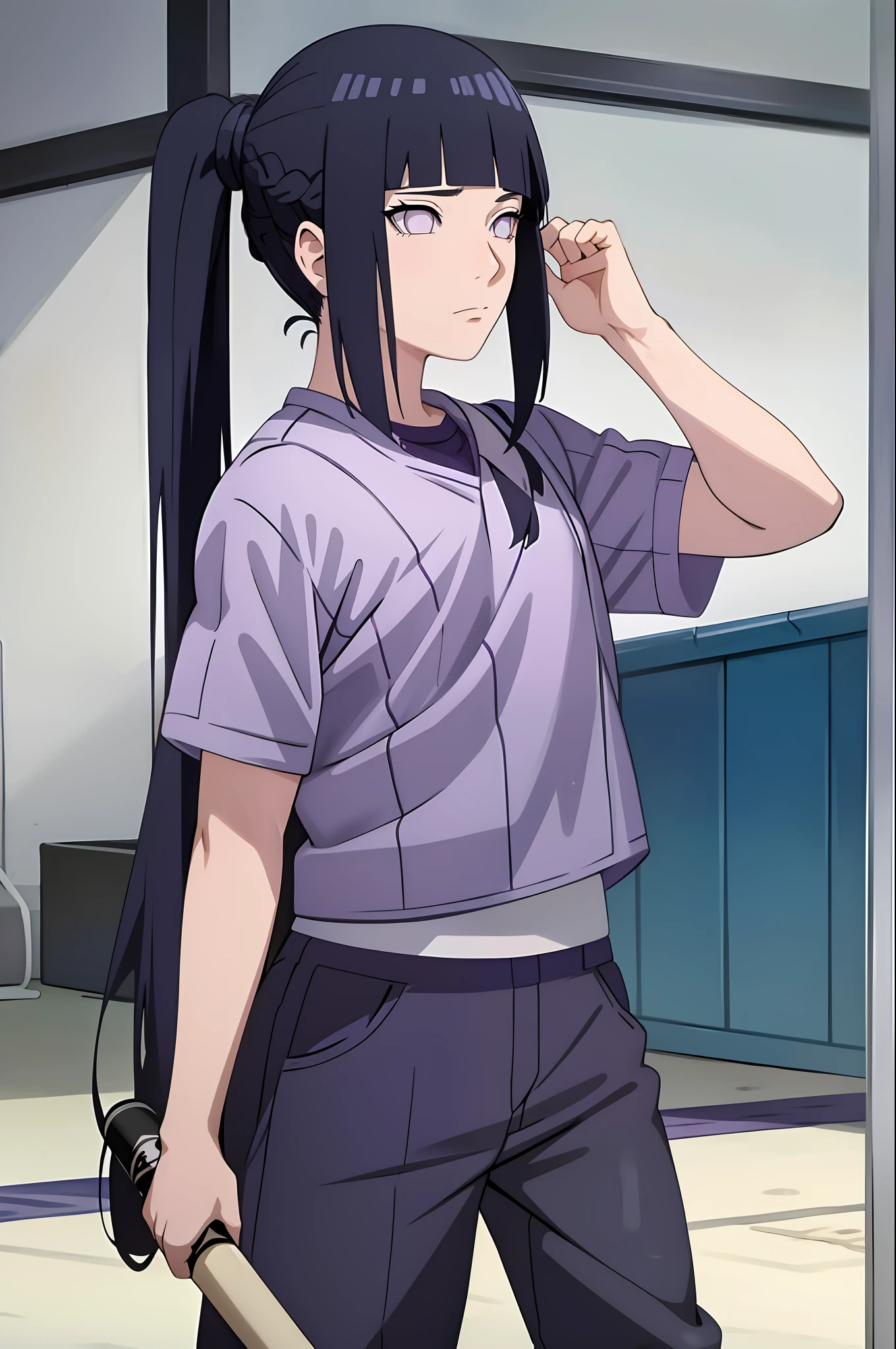 ((masterpiece:1.2, best quality)), hinata/(boruto/),1girl, braided ponytail, long hair, dark blue hair, purple eyes, baseball shirt, baseball pants holding a baseball, straight, mature