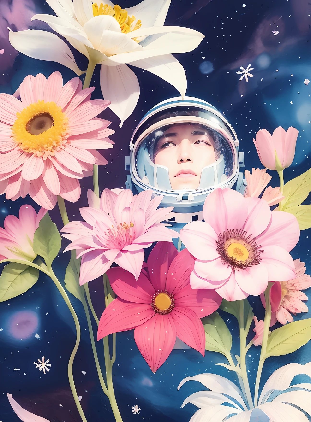 "Floral Astronaut" hand-drawn watercolor, muted tones, flowers everywhere