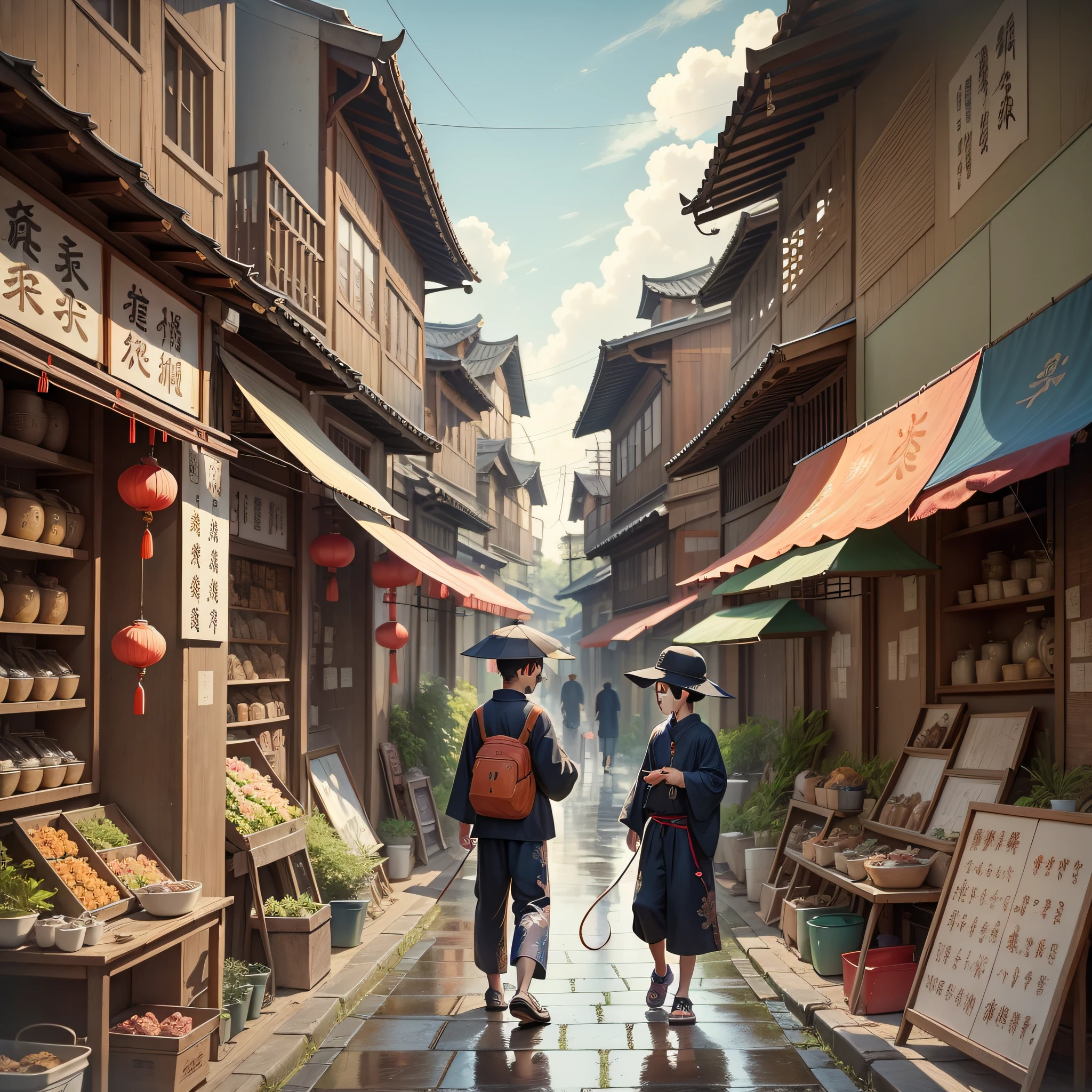 Chinese painting, summer morning, cool air after rain, young brother and sister bought a little mouse pendant in a messy street market, surrounded by traditional wooden buildings, people come and go, soft colors