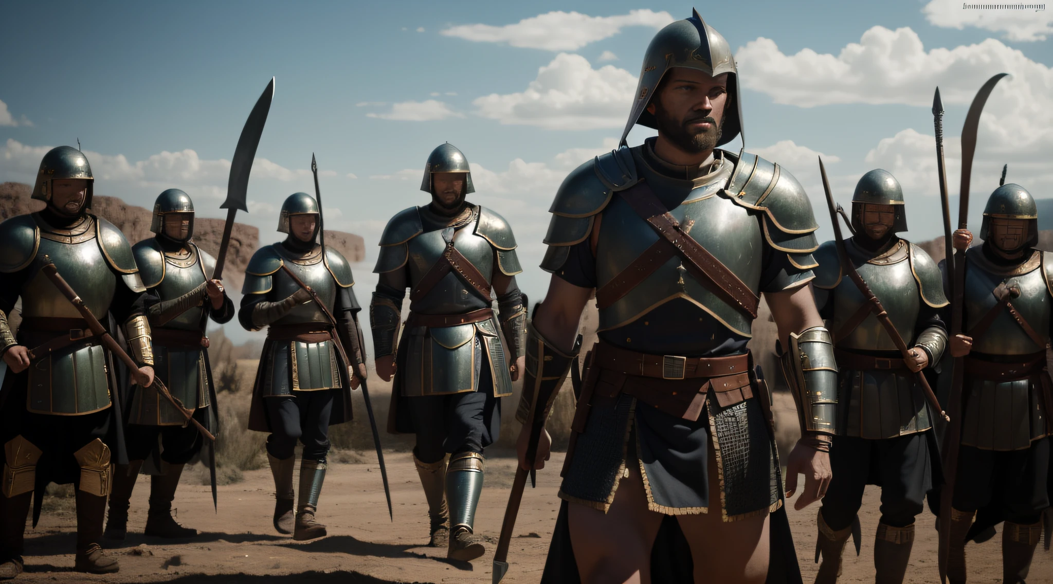 The Philistine soldiers around Goliath, wearing armor and armed with spears and axes. RAW photo, small details, photorealistic, ultra-realistic photo, 8k uhd, dslr, soft lighting, high quality, grain film, Fujifilm XT3, (masterpiece).