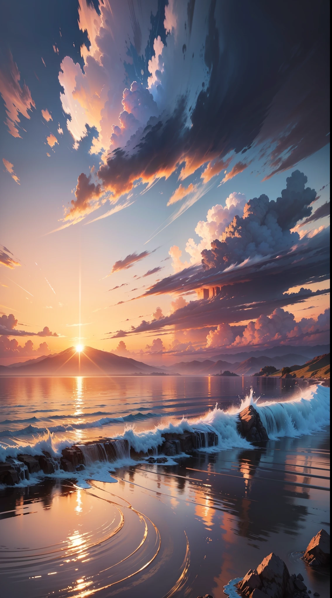 sunset, landscape, water, (very detailed CG unity 8k wallpaper), the most beautiful artwork in the world, professional majestic oil painting, intricate, high detail, clear focus, dramatic, realistic painting art, blue sky.