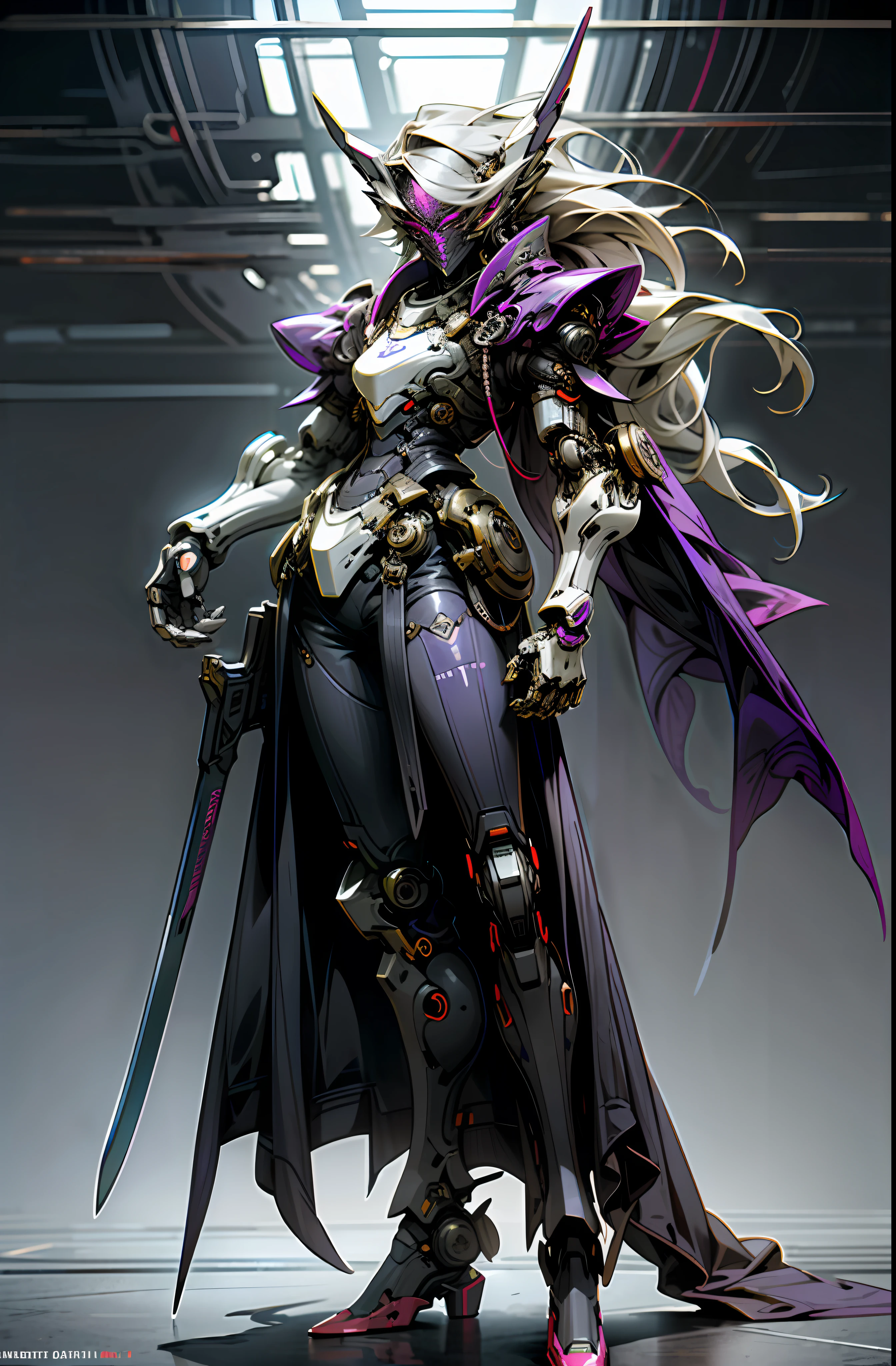Dark_Fantasy, cyberpunk, (knife, dark purple: 1.1), 1 person, mechanical marvel, robot existence, cybernetics guardian, full body, armored dress, gray hair, long hair,