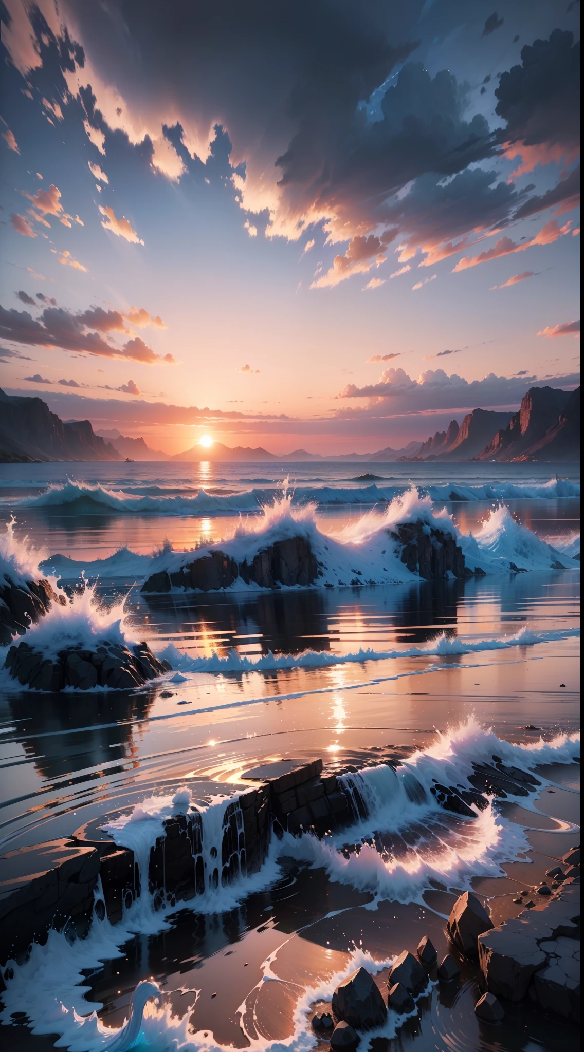 sunset, landscape, water, (very detailed CG unity 8k wallpaper), the most beautiful artwork in the world, professional majestic oil painting, intricate, high detail, clear focus, dramatic, realistic painting art, blue sky.