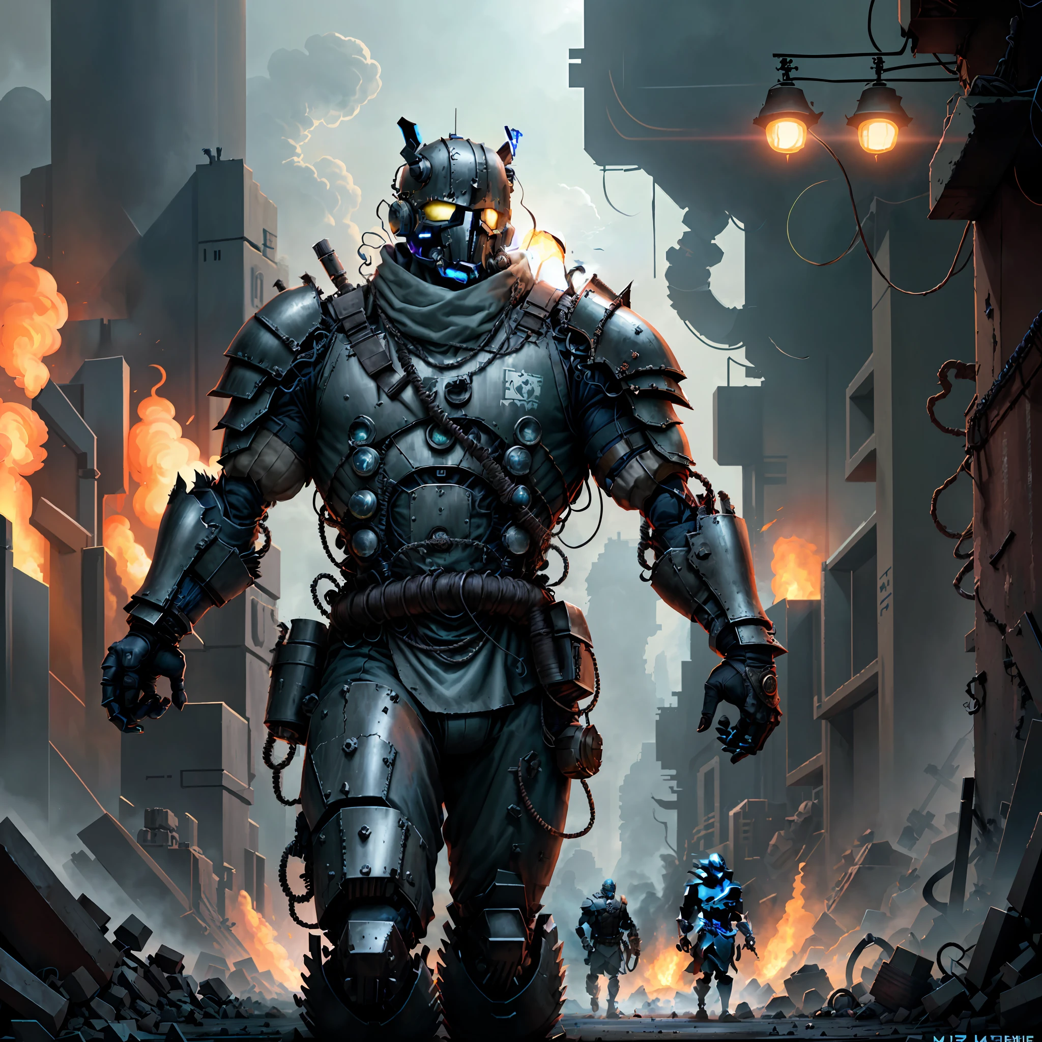 The Knight of Radiation emerges from the ashes of a post-apocalyptic world, his lead armor reflecting the scarcity and horrors of the environment that surrounds him. Each piece of armor is heavy and worn, showing the marks of past battles and the constant struggle for survival.

The mask that covers your face, adorned with respirators and filters, is a defense against the toxins and radioactive particles that permeate the contaminated air. The Knight's eyes shine with an indomitable determination, forged by countless adversities.

In his firm hands, he wields a massive lead sword, a symbol of his endurance and unwavering strength. The sword is an extension of his being, a weapon he uses with deadly skill and precision. Every blow from the Radiation Knight is a promise of protection and a threat to those who dare to challenge their quest for survival.

The Knight travels through the wastelands, facing grotesque mutants and ruthless bandits, always in search of scarce resources for himself and for those who still resist. His compassionate heart is a marked contrast to the harshness of his exterior, and he is willing to risk his life to protect the innocent and offer a glimmer of hope in a world gripped by chaos.

Each battle the Knight of Radiation faces is a constant reminder of his own frailty and the ephemeral nature of human existence. Yet he remains an imposing figure, a fearless guardian of those who cannot defend themselves. His presence inspires courage in other survivors, and through his actions, he personifies humanity's resilience in the face of darkest adversity.

The Radiation Knight is a symbol of hope and a living example that even in a scarce and desolate world, the will to survive and protect can overcome all odds