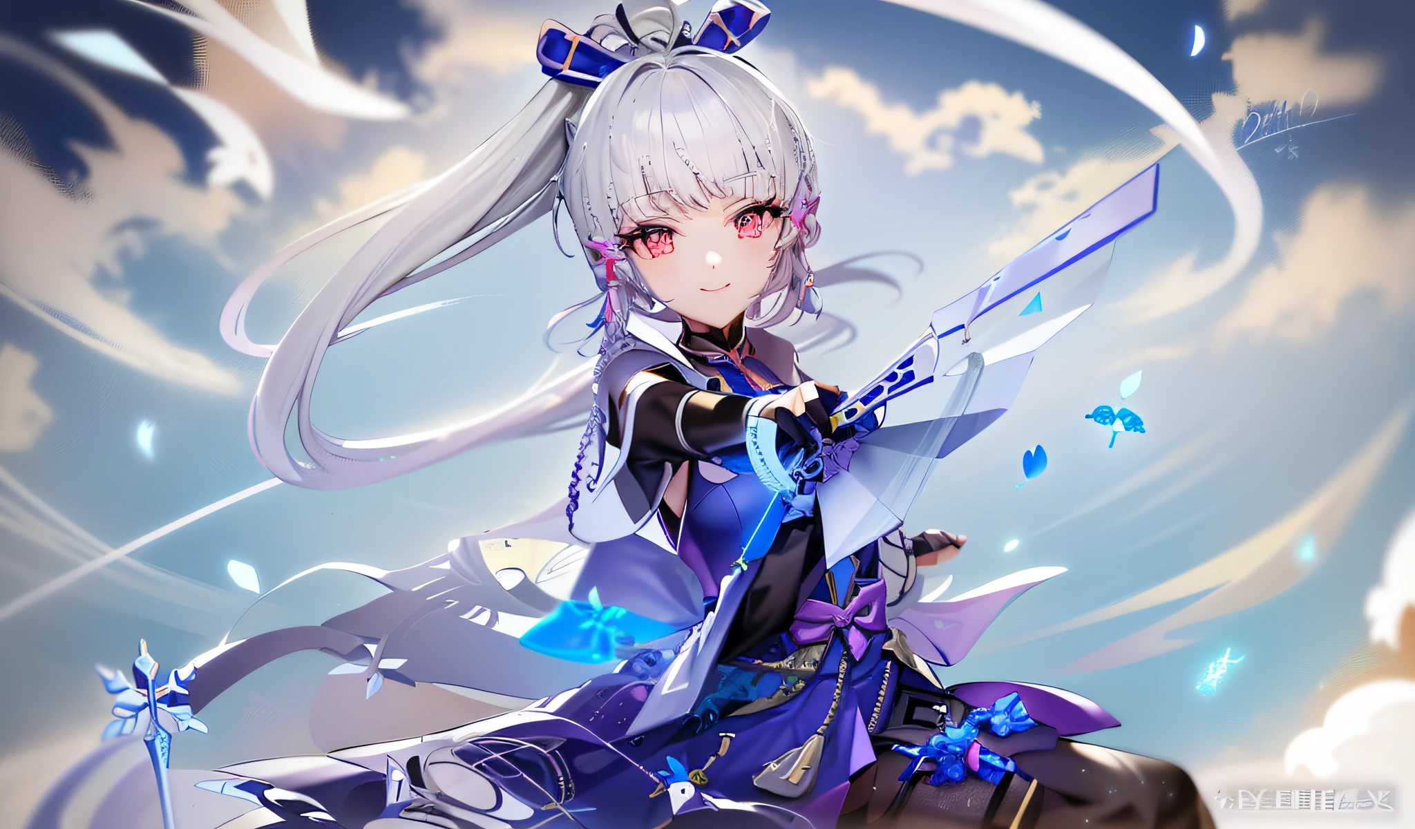 (Anime Girl: 1.2, White Long Hair + Dress + Sword: 1.1 + Blue Bow and Arrow: 1.1), (Game Genshin Impact: 1.5, Ayaka + Keqing: 1.3), (Azure Lane Style + Characters: 1.4, Onmyoji Crow: 1.2), (Details: 1.1)