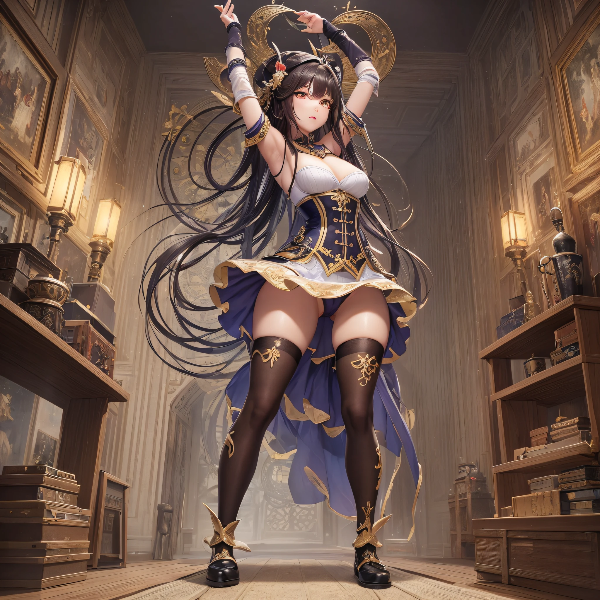 masterpiece, best quality, beautiful lighting, Hu Tao impact genshin, standing, full body, hat, corset, short skirt, cameltoe, medium, tight strap, knitted socks, navel visible through clothes, visible through clothes, arms behind back, arms up, tusks, crypt in the background high detail clothes --auto --s2