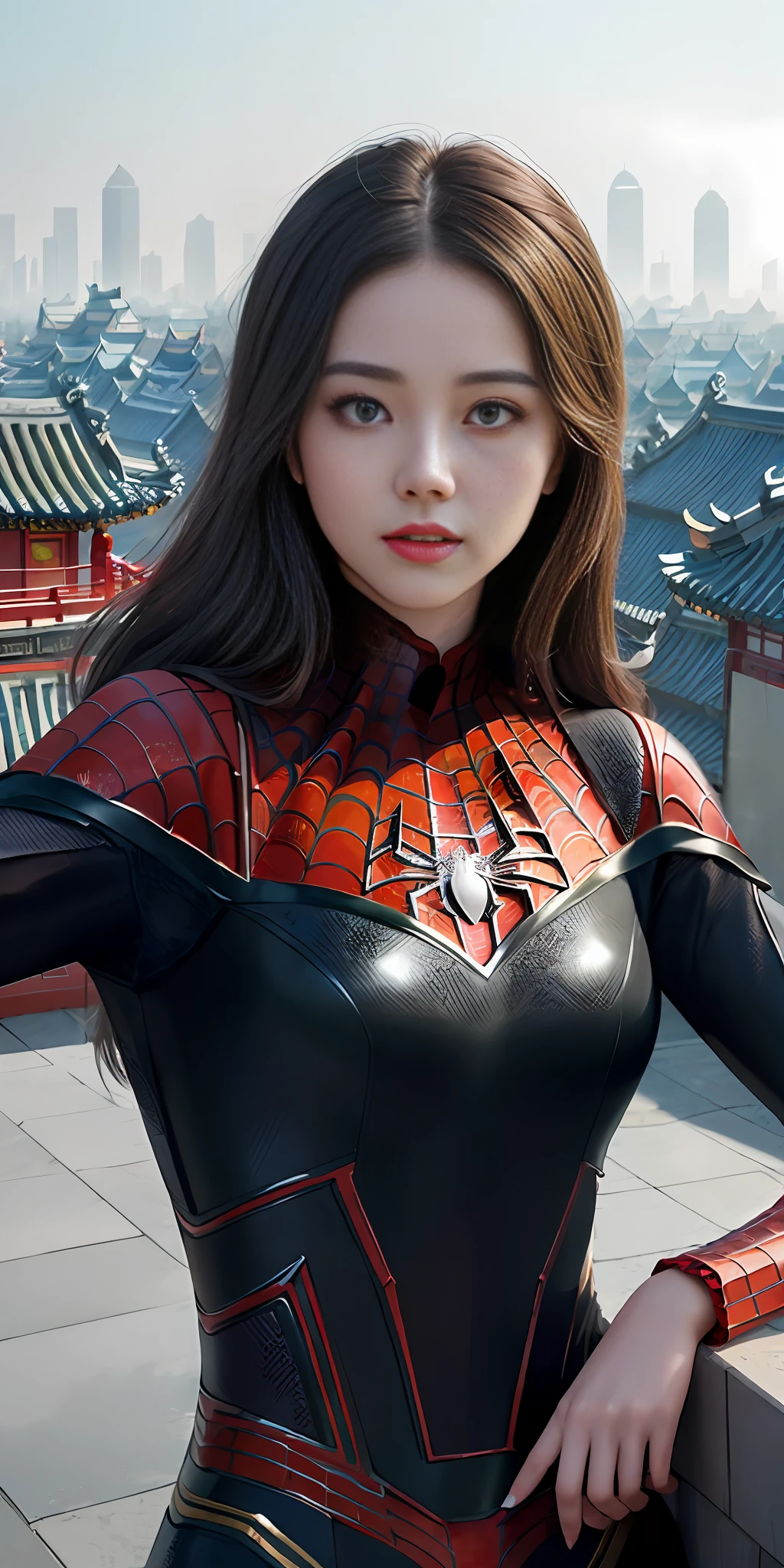 (1girl:1.3), solo, ((very detailed face)))), ((very detailed eyes and face))), beautiful detail eyes, body parts__, official art, unified 8k wallpaper, super detailed, beautiful and beautiful, beautiful, masterpiece, best quality, original, masterpiece, super fine photo, best quality, super high resolution, realistic chinese house, sunlight, full body portrait, amazing beauty, dynamic pose, delicate face, vibrant eyes, (from the front), She is wearing Spider-Man suit, red and black color scheme, spider, very detailed Chinese 60s architecture city roof background, rooftop, overlooking the city, detailed face, detailed complex busy background, messy, gorgeous, milky white, highly detailed skin, realistic skin details, visible pores, clear focus, volumetric fog, 8k uhd, DSLR, high quality, film grain, fair skin, photo realism, lomography, Chinese 60s city, translucent