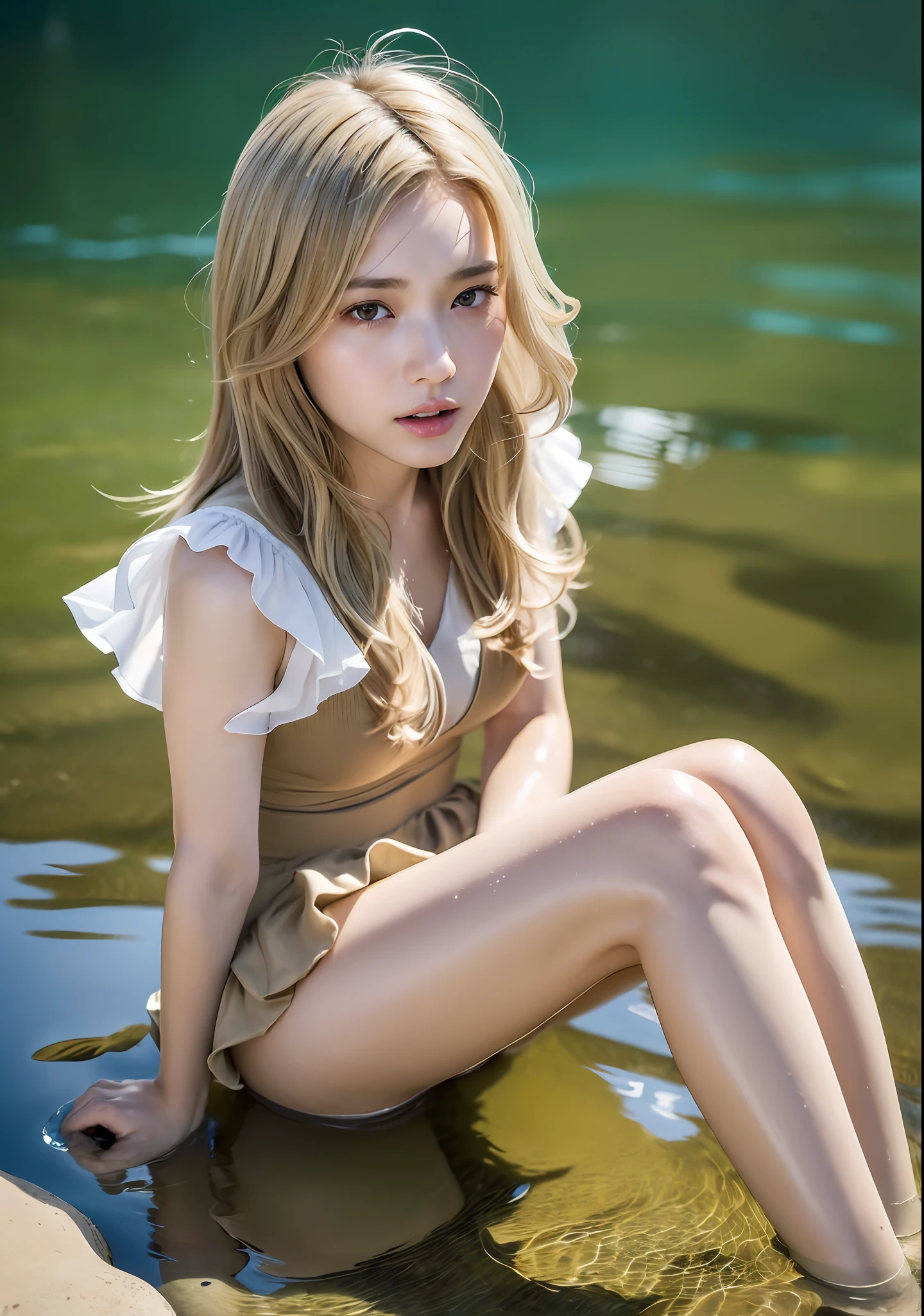 ((top quality, 8k, masterpiece: 1.3)), women (full body portrait, swimsuit with white ruffles, sitting with knees bent, back figure, legs are in the sea), outdoors, blue sky on background, overhead camera, sharp focus: 1.2, cute woman: 1.4, (((beige hair, medium hair, floating hair)), very detailed face and skin and hair texture, wet texture hair, Wet body, detailed eyes, double eyelids, white skin, beautiful legs, beautiful delicate nose, cute young Japan woman, 28 years old, with dynamic angles, featuring calm tones and contrasting mixes of light and shadow, while exuding melancholy emotions, while emphasizing the subject's hair, eyes, mouth and action, it is a composition pleasing to the eye and suggestive.