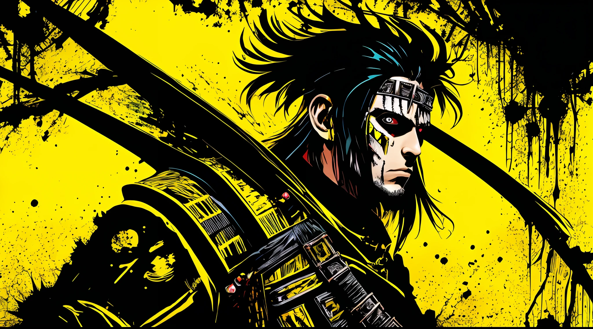 yellow and black, a medieval indigenous warrior, in the style of Mork Borg, strong contrast, grunge dirty punk splash art, zine black metal, forest color splash background
