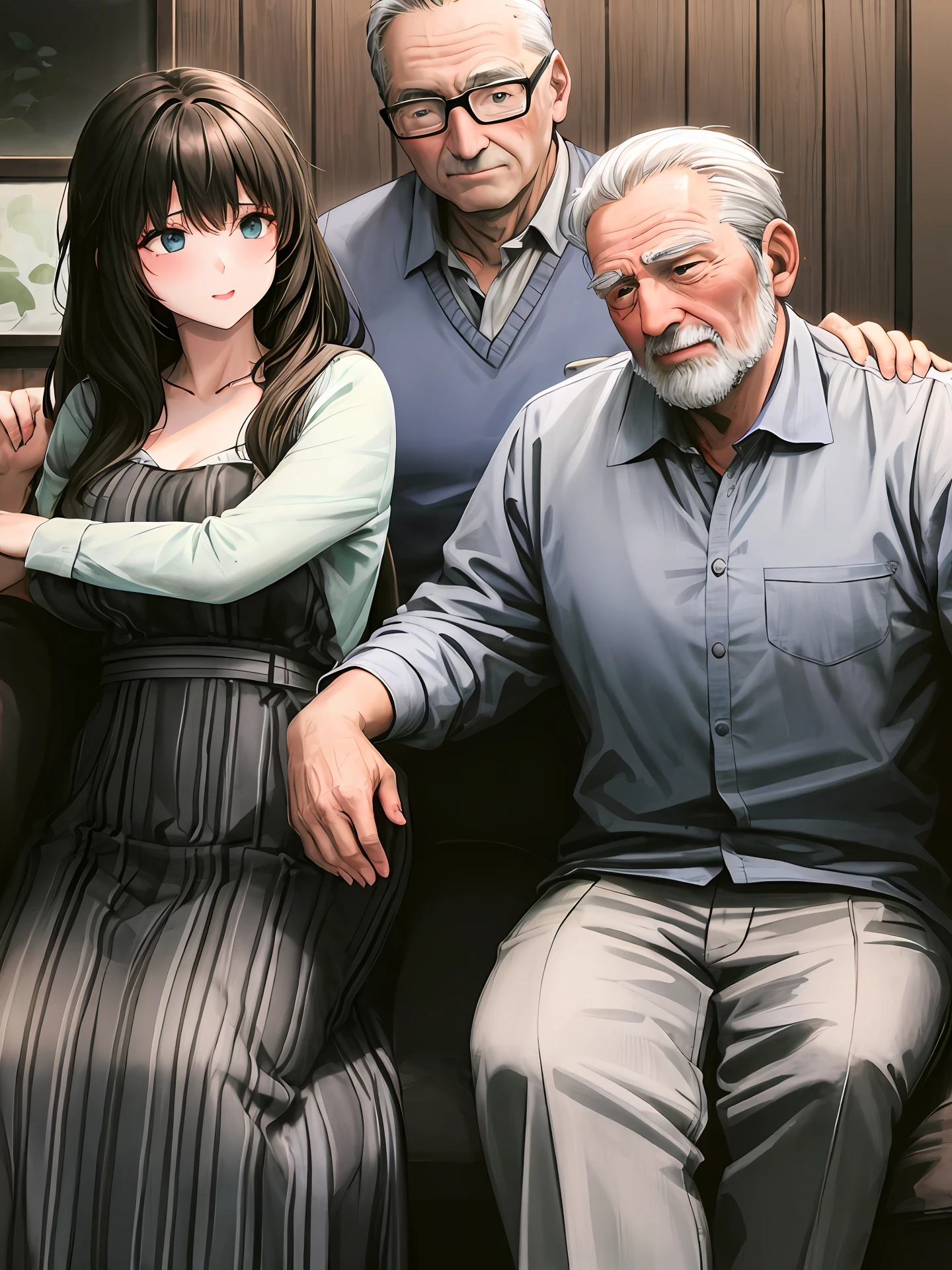 The girl sits on the old man's lap, and the old man calls the girl's wife, and the girl calls the old man's father