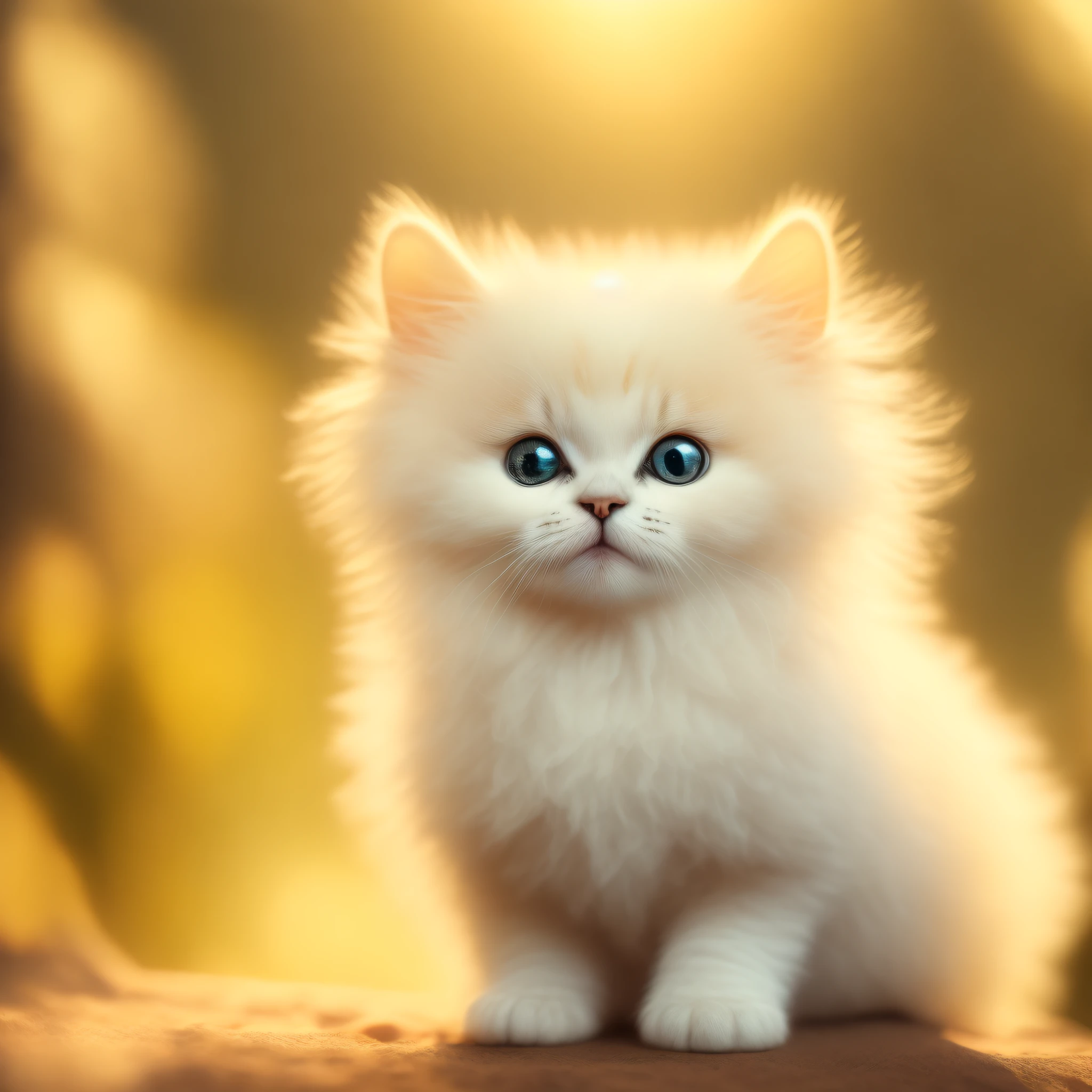 Very cute fluffy white tropical punk kitten, professional lighting, depth of field 8k, golden magic hour, professional photography, octane rendering, ultra realistic - amazing sunlight, dynamic composition, photography, sharp focus, bokeh