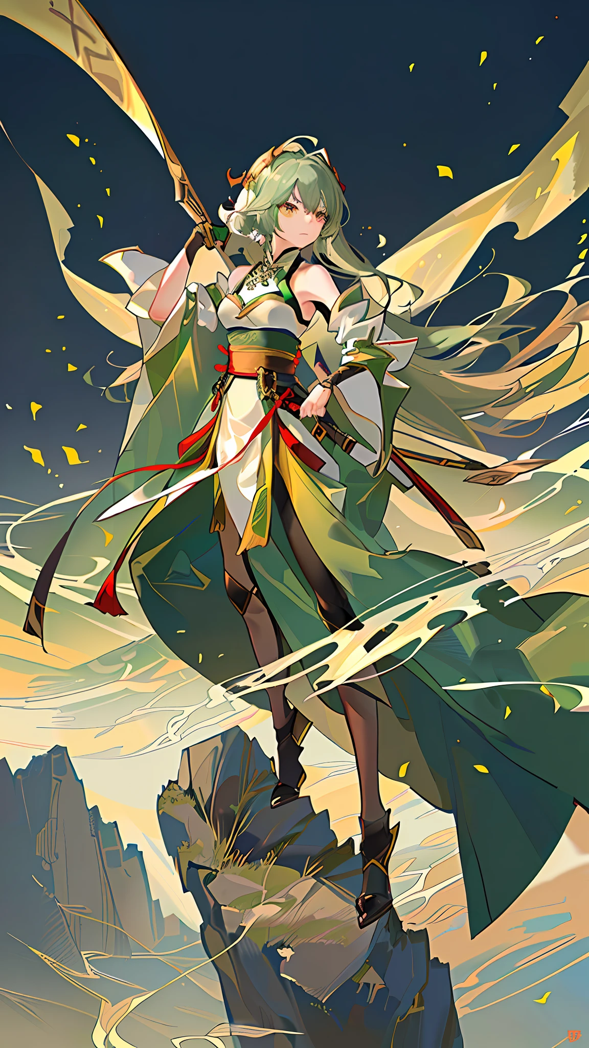 1 girl, Asuka, wearing green Hanfu, fighting posture, holding a large knife in both hands, armor on the left shoulder, golden armor, dragon head and shoulder armor, long black hair, sharp eyes, big, exquisite picture quality, 4K, 8K,