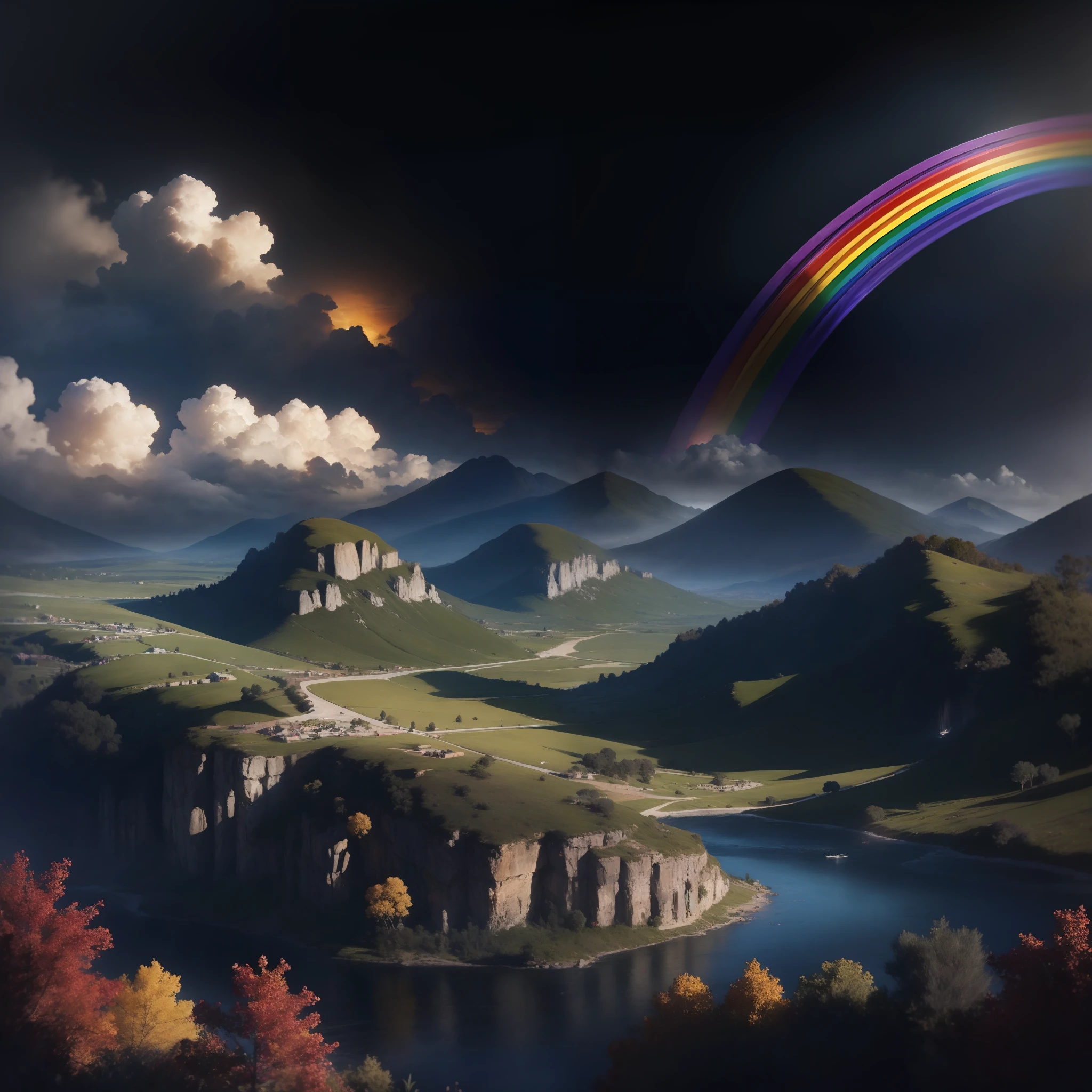 GIVES. ME images New Jerusalem natural, photorealistic with ultra-detail, ultra-quality, panorama, rainbow,