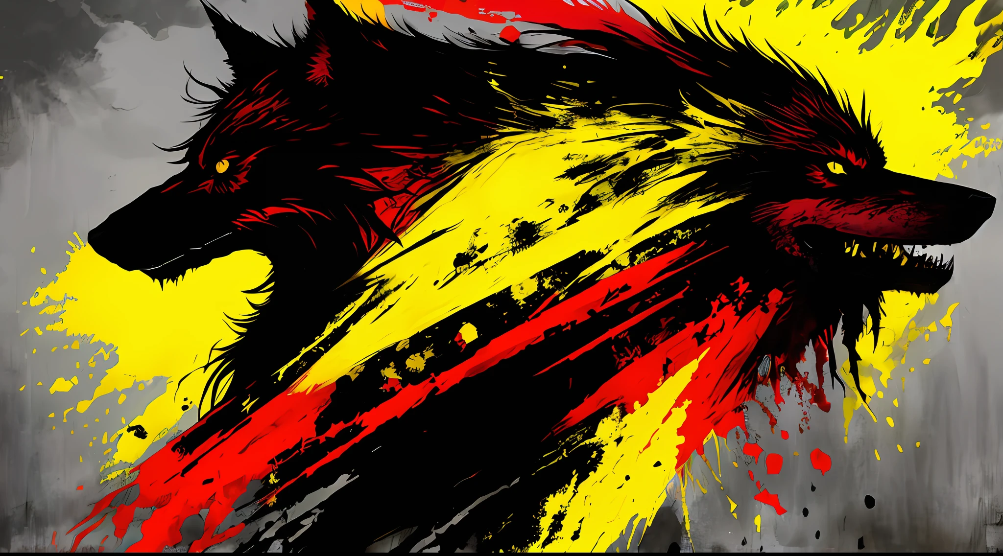 yellow, red and black, a monstrous wolf, in the style of Mork Borg, strong contrast, grunge dirty punk splash art, zine black metal, forest color splash background