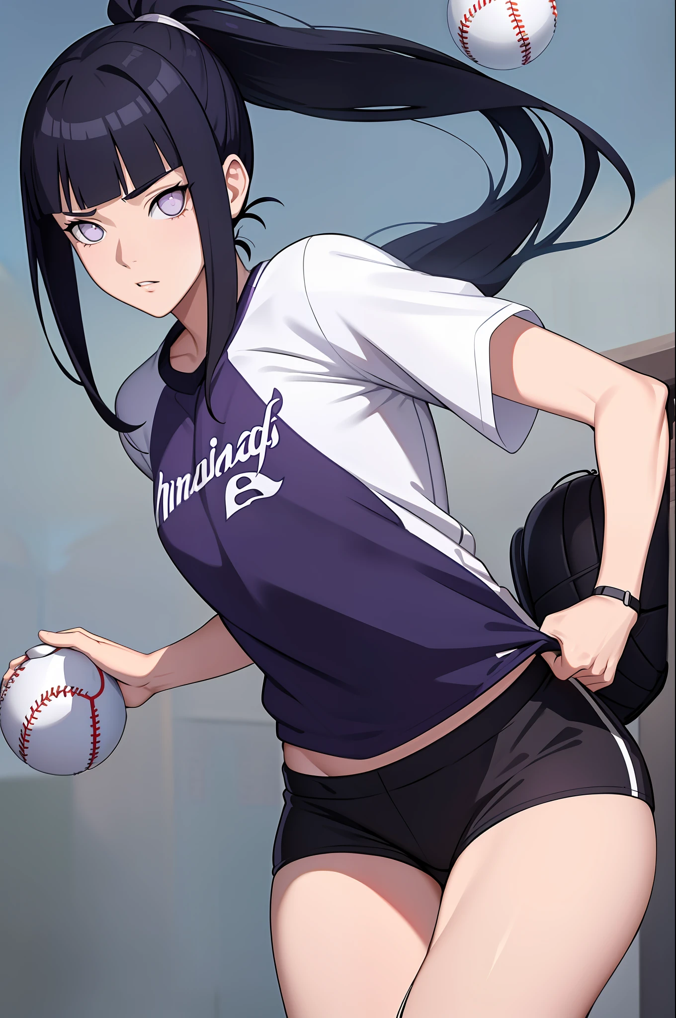 ((masterpiece:1.2, best quality)), hinata/(boruto/),1girl, ponytail, long hair, dark blue hair, purple eyes, baseball shirt, baseball pants holding a baseball, straight, mature, blunt bangs, dynamic angle