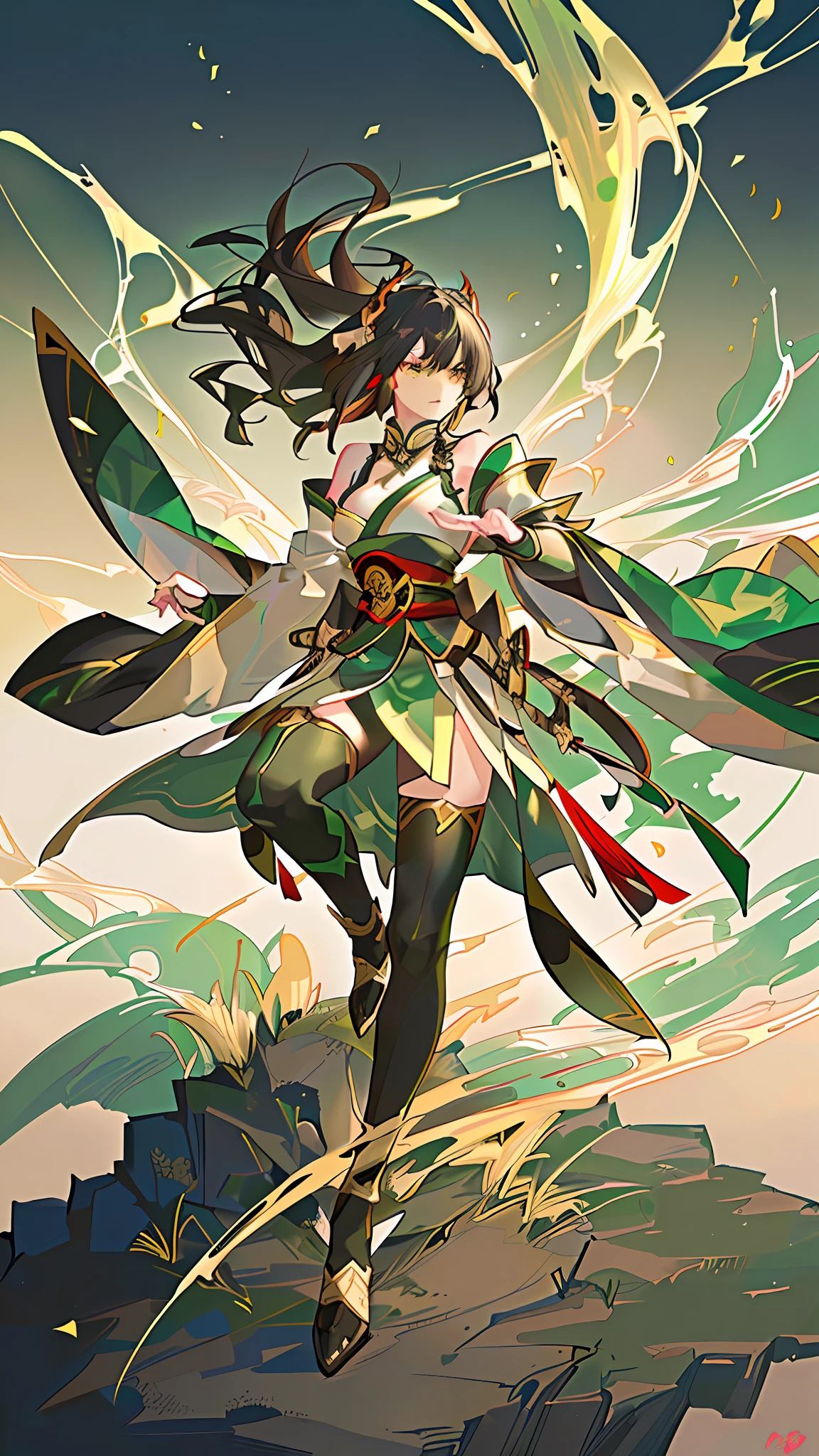 1 girl, Asuka, wearing green Hanfu, fighting posture, holding a large knife in both hands, armor on the left shoulder, golden armor, dragon head and shoulder armor, long black hair, sharp eyes, big, exquisite picture quality, 4K, 8K,