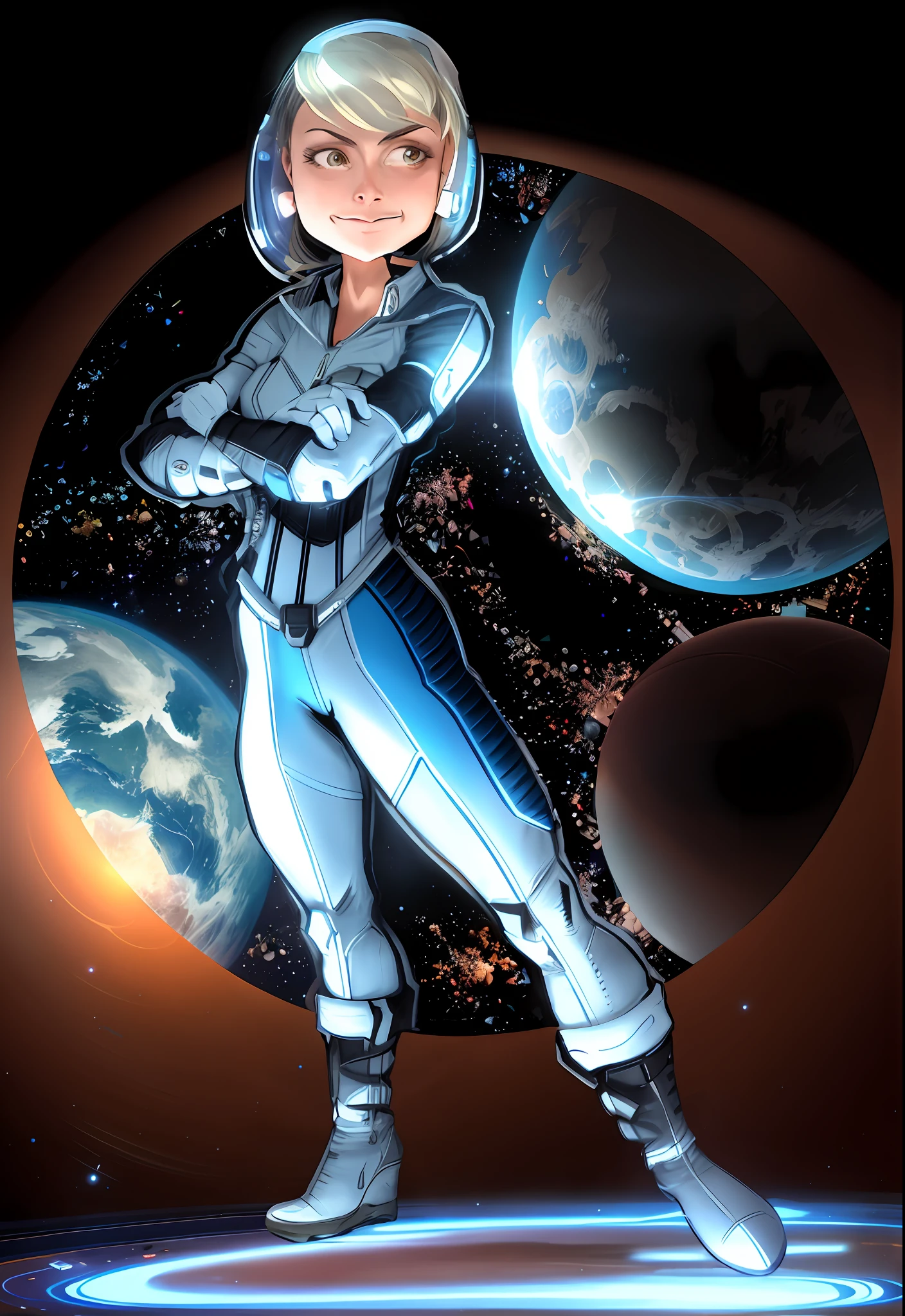 a drawing of a woman in a space suit with a bat, scifi woman, portrait armored astronaut girl, clothed in space suit, in spacesuit, girl in space, art deco of a space woman, with a space suit on, as a retro futuristic heroine, bold lineart, as a retrofuturistic heroine, official character illustration, 1 9 6 0 s space girl