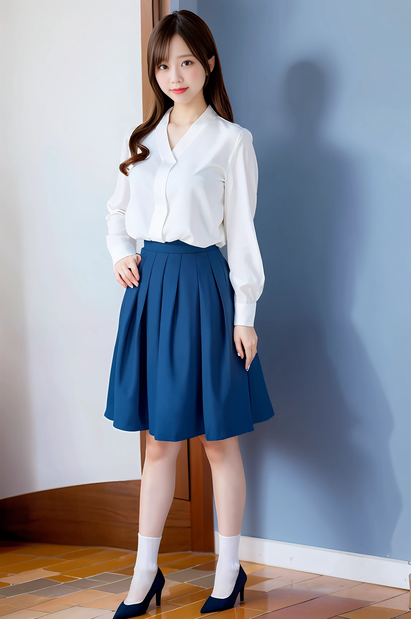 Cute gravure idol woman, white blouse, blue skirt, white socks, black pumps