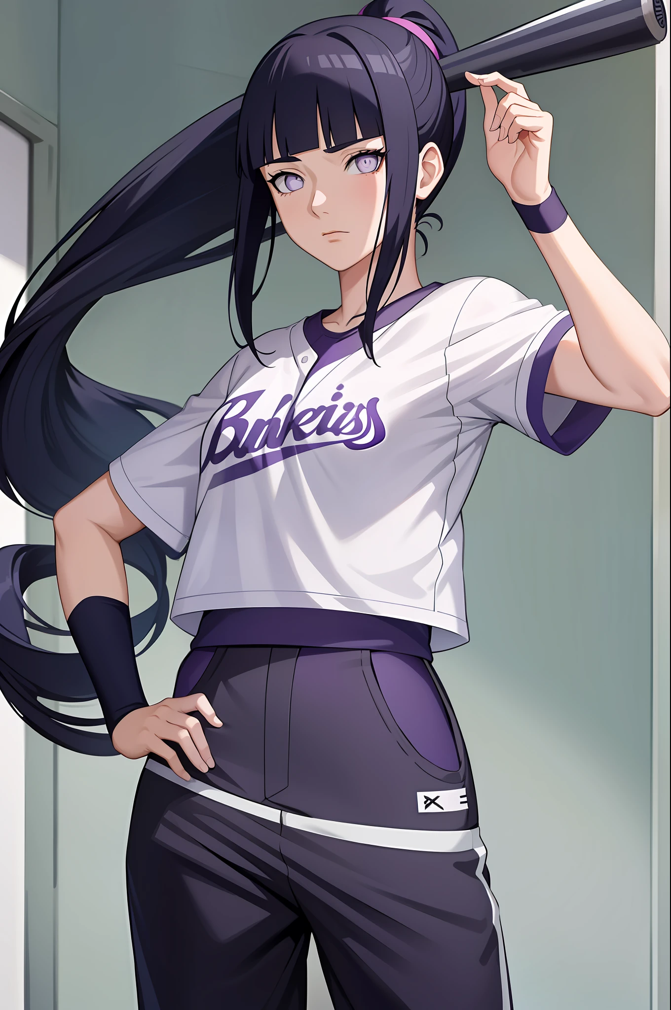 ((masterpiece:1.2, best quality)), hinata/(boruto/),1girl, ponytail, long hair, dark blue hair, purple eyes, baseball shirt, baseball pants holding a baseball, straight, mature, blunt bangs, dynamic angle