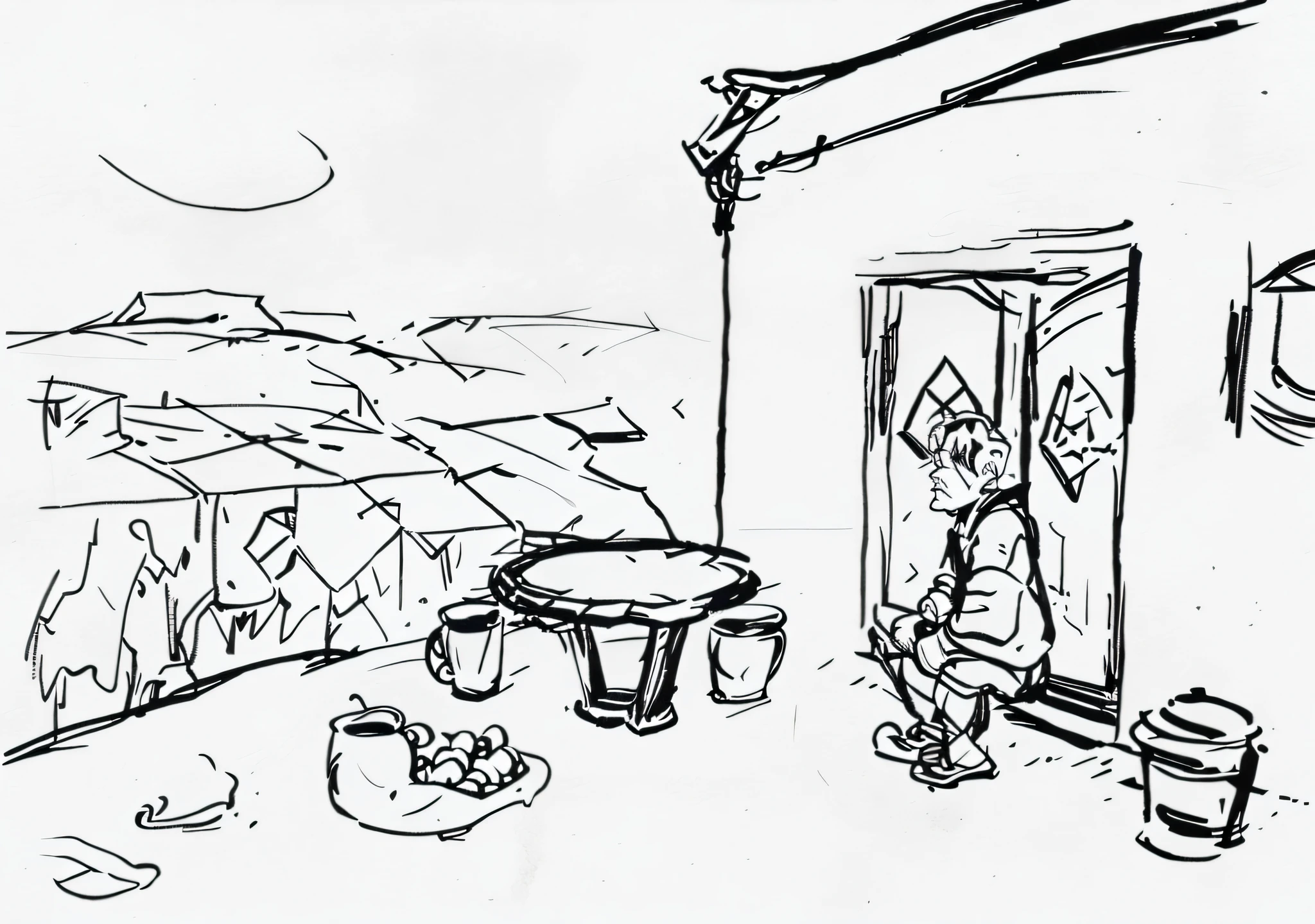 Sketch of a man sitting on the threshold of a doorway, rough sketch, rpg scene, eating out, detailed but rough, sketch, digital sketch, line sketch, full page illustration, sketch, old sketch, concept art for video game, concept piece, sketch art style, concept illustration, drawing with photoshop, scene view, exterior, concept art scene