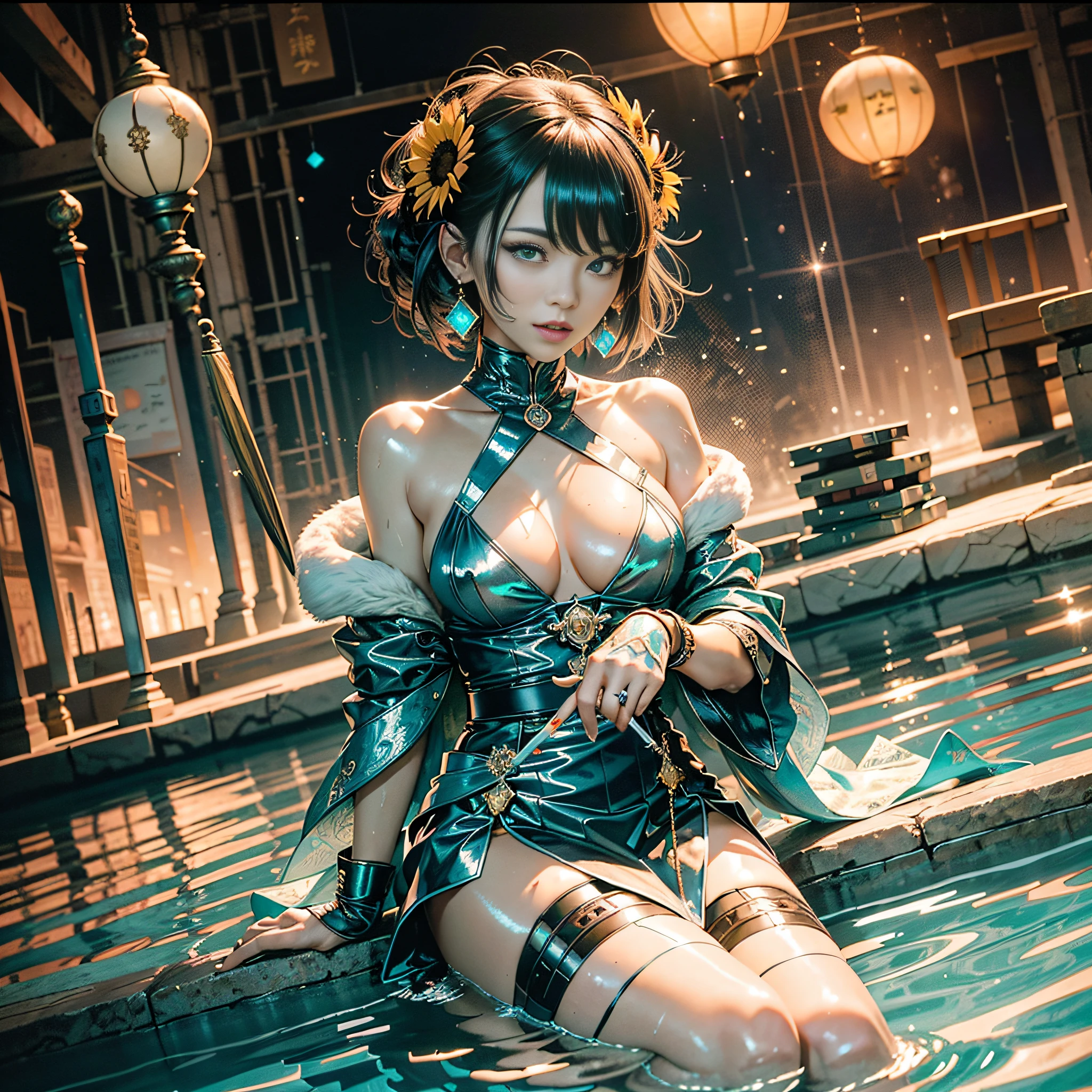 raw wet japanese clothing belt kimono sideboob obi reflection Pool marbles paddling pool "Water Falls" water drop of water equirectangular 360 meticulously intricate Pro-photorealism angle below-near" masterpieces (Guweiz and James Jean) tattoo CGSCOSITY absurd sunflower short hairstyle interiors Agathe discreet ornament yellow-saffron delicate face expressive face cheekbones glowing pompette turquoise great ultra-beautiful eyes lazuli opal open mouth teeth smile (skin High detailed: 1.3) Suave athlete:1.3 Attractive jacket:1.3 Open shoulders:Off Lace:1.3 White Shirt:1.1 Open sleeves Clavicles:1.3 Papillotes:1.3 White silk (ratio four fingers and one inch) Satin Large sagging breasts:1.3 Pointed spread covered Corait:1.3 Strange felts Seams NSFW navel Skirt:1.3 Wide fringe swinging spinel thick leathers pubis:1.3 Pubic hair partially1:3 covered thighs garters:1.3 legs boots:1.3 Solid bulky furs black abundant lights sun illuminations luminescences depths reflections optimal resolutions perfections ultra precise maximum lightnings contrasts global illuminations cgi vfx sfx reflex ultra details Octane made extreme improved graduated UHD XT3 16K DSLR HDR UnrealEngine5 romm rgb pbr 3dcg fxaa blu-ray colors-coded backlights anti-aliasing fkaa txaa rtx ssao opengl-shaders glsl-shaders post-processing post-production cell-shading tone-mapping obscure Crystalline DoF robot female "Heavy Metal" dark navy metallic familiar Pole-Dancing Magic water drop of water fountains Drink beer wheels slide "Buck-Beer" transparent mirror scepter summons snake-fractal ruby occult earth (Magic Disco=Ball fullbodye Earth blooms:1.3 graduated heart hearth earth blooms:1,0.3 Tourmaline) dramatic paper lantern background outdoorslantern night full moon mountain