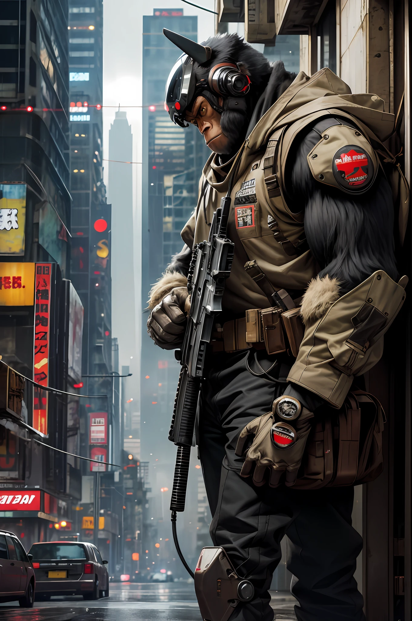 masterpiece, best quality, realistic , mecha monkey, mecha gorilla, mecha helmet,blur, book, cable, cyberpunk metropolis, gloves, infrared sleeve with automatic rifle in hand, hood, solo,